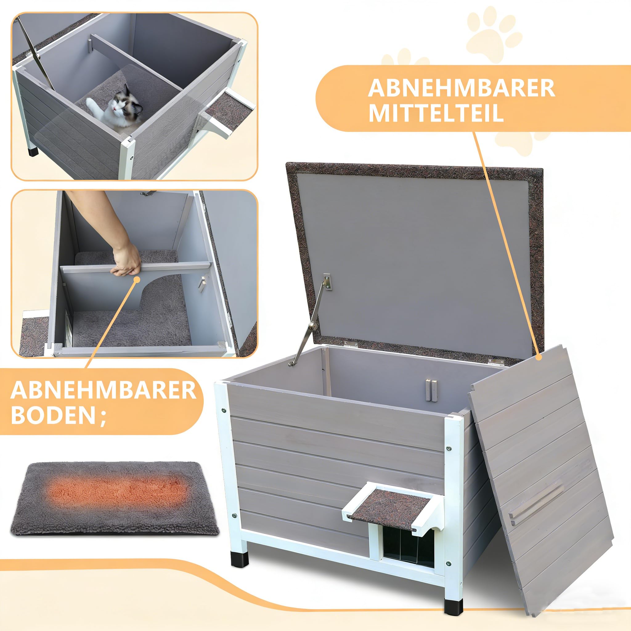 Katzenhaus Outdoor aus Holz, Katzenhaus wetterfest, Katzenhütte für mehrere Katzen, Katzenbox aus Holz für draußen, schaumisolierte Wände, offenes Dach, Türklappen aus PVC, Modern Grau