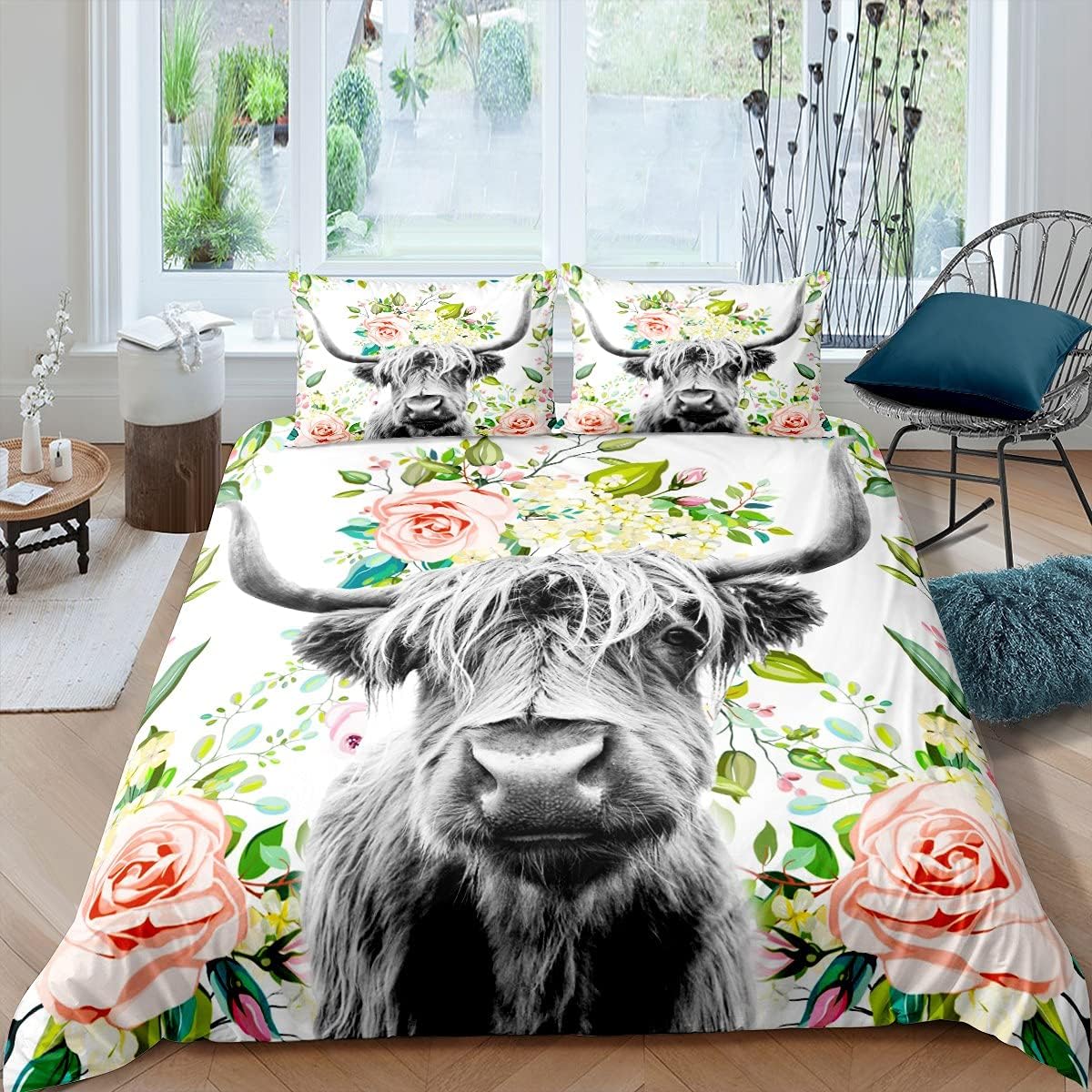 Loussiesd Highland Cow Bedding Set Kids Rose Floral Bull Cattle Bedding & Linen for Girls Teens Western Wildlife Animal Duvet Cover Farmhouse Bedding & Linen Bedding & Linen Double Size