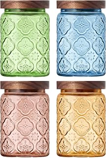 Glass Jars with Airtight Wood Lids – 4 PC 24 OZ Vintage Storage Canisters Set for Kitchen Pantry Bathroom, Decorative Beautiful Containers for Coffee, Cookie, Sugar, Tea, Candy, Snack, Nuts, Begonia