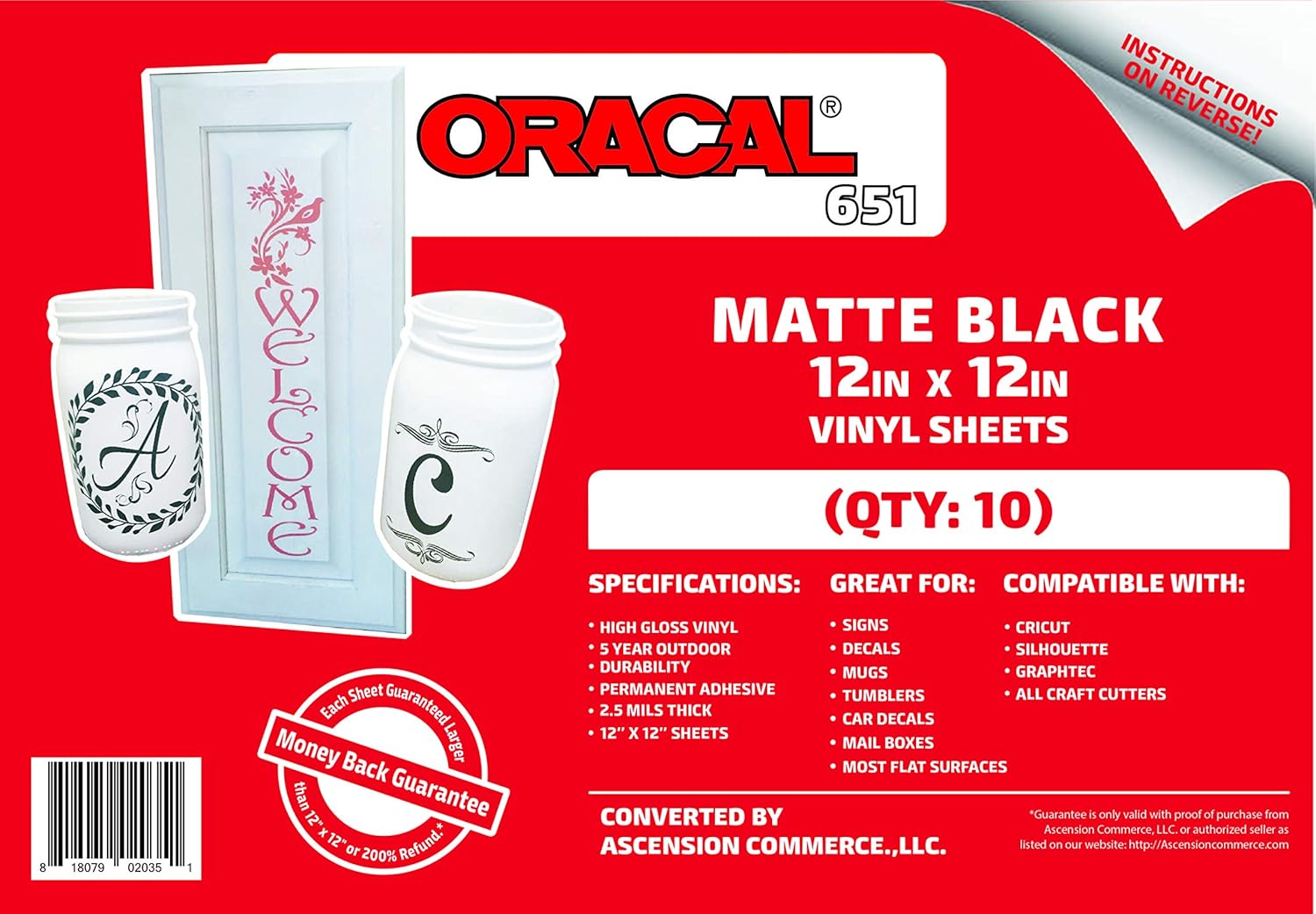 (10) 12" x 12" Sheets - Oracal 651 Matte Black Adhesive Craft Vinyl for Cricut, Silhouette, Cameo, Craft Cutters, Printers, and Decals - Matte Finish and Outdoor and Permanent : Arts, Crafts & Sewing