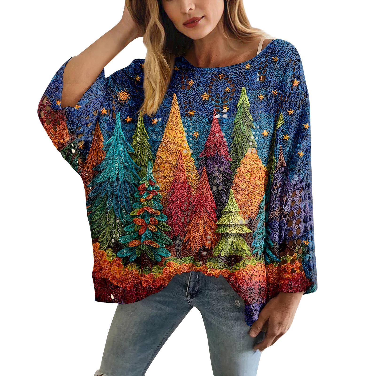 Ugly Christmas Sweater Women Funny Novelty Print Crochet Tops Hollow Out Loose Knit Pullover Fall Cover Ups