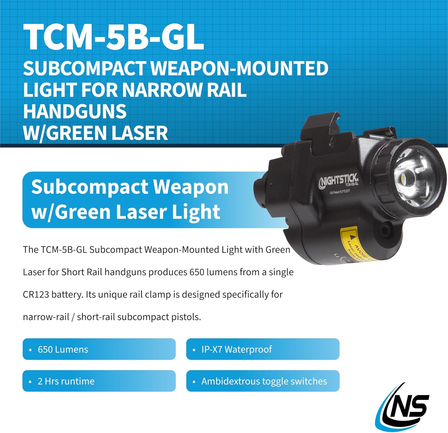 Nightstick TCM-5B-GL Subcompact Handgun Light w/Green Laser, Short/Narrow Rail Models - 1 CR123 - Black