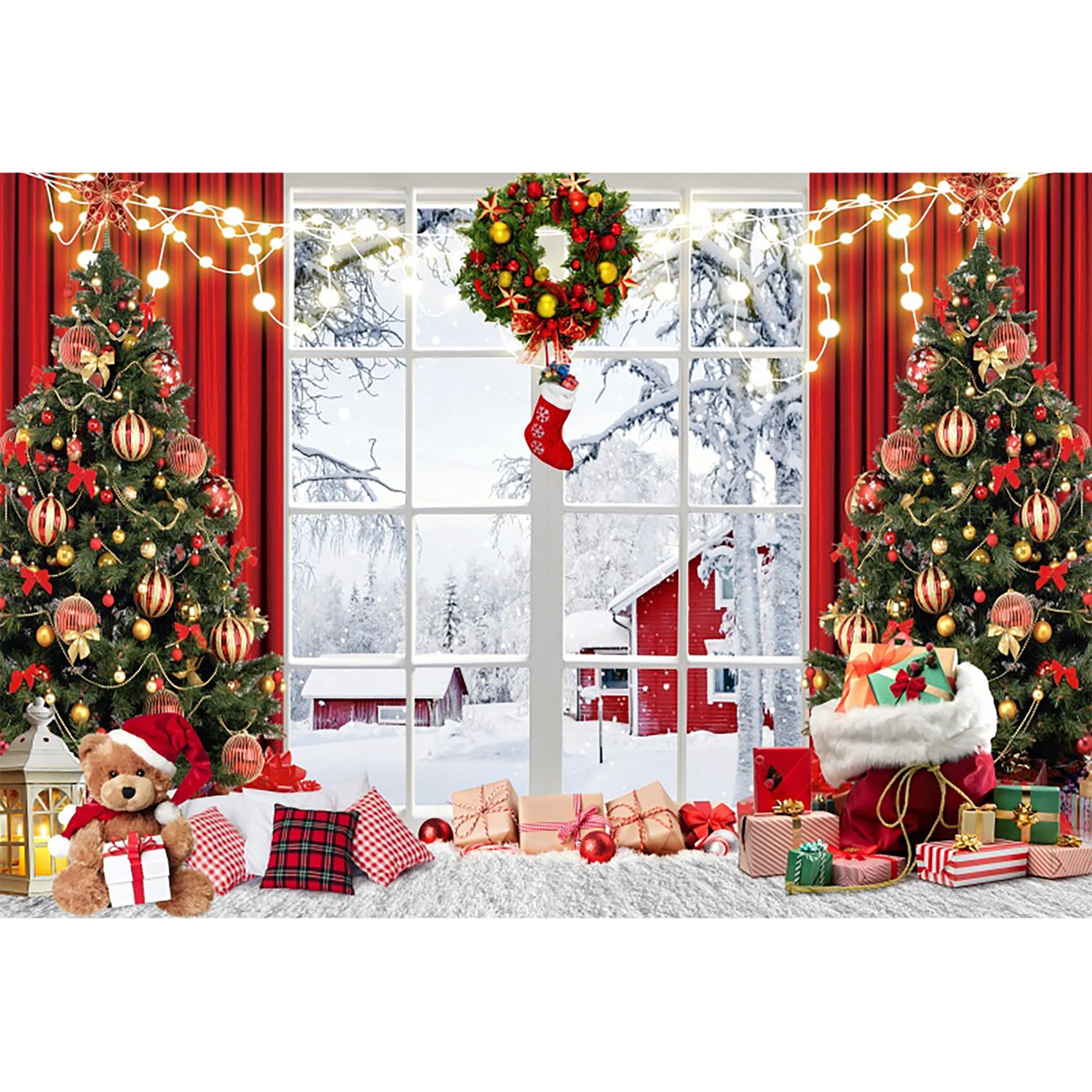 3x2,5m Toile de Fond de noël Hiver Rideaux Rouges fenêtre Blanche Arbre de noël Couronne Photographie arrière-Plans Veille Vacances fête de Famille bannière, Vinyle