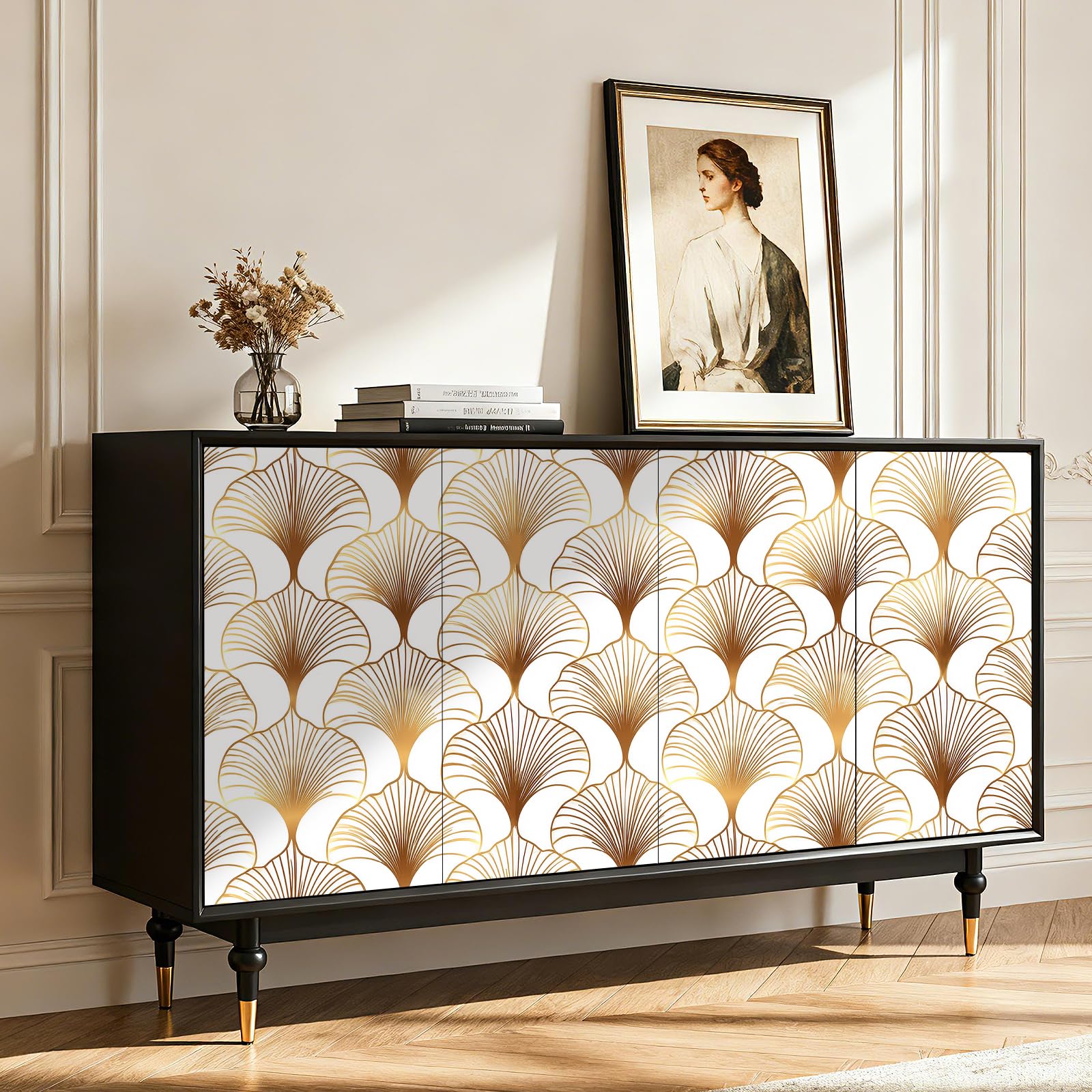 ReWallpaper Carta Da Parati Moderna Geometrica Oro 44.5CMx7M Rotolo Adesivo per Pareti Bagno Impermeabile Bianco e Oro Pellicola Decorativa Autoadesiva Cassetti Carta Da Parati per Corridoio