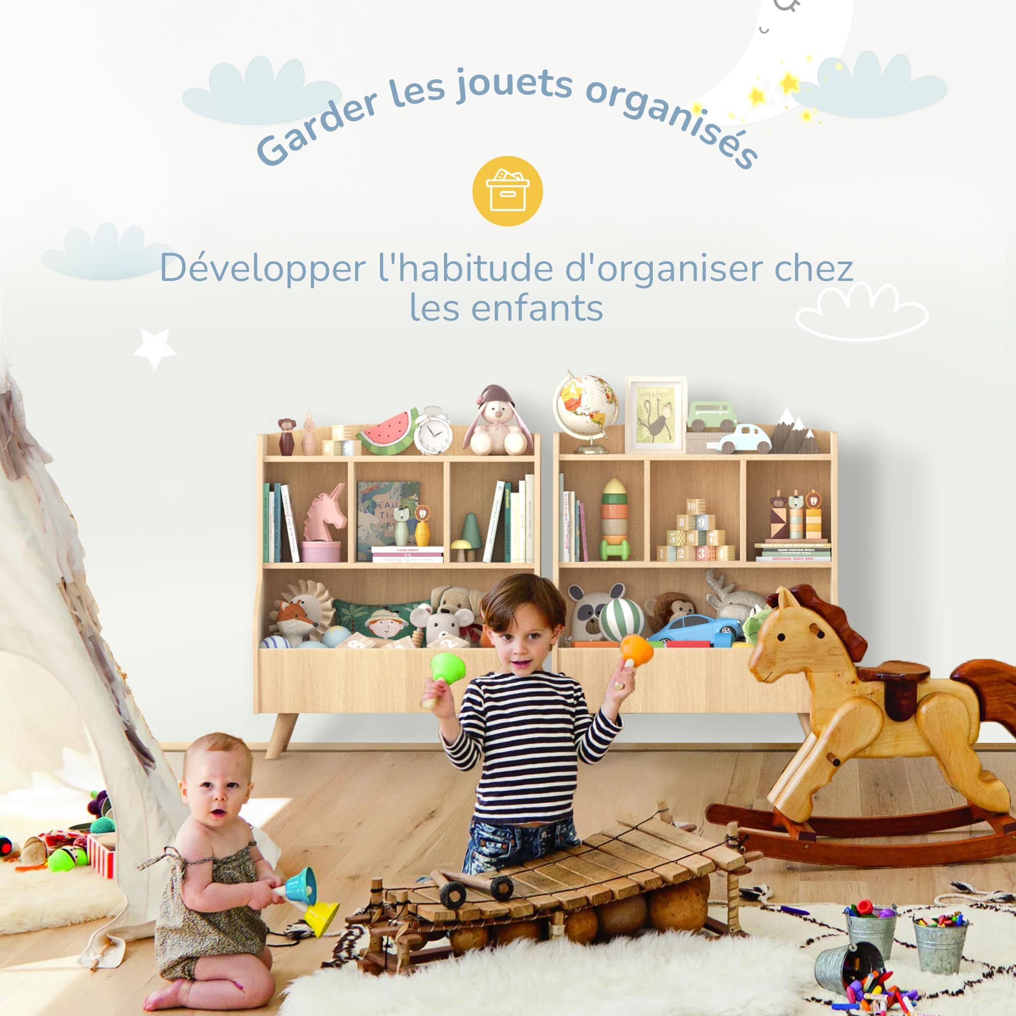 LUE BONA Bibliothèque Enfant,Coffre à Jouets pour Enfants,Rangement Jouet Enfant avec 3 Compartiments et 3 Cubes Ouverts,Bibliothèque Meuble de Rangement,36 × 61 × 71 cm,Teinte de Bois Brut