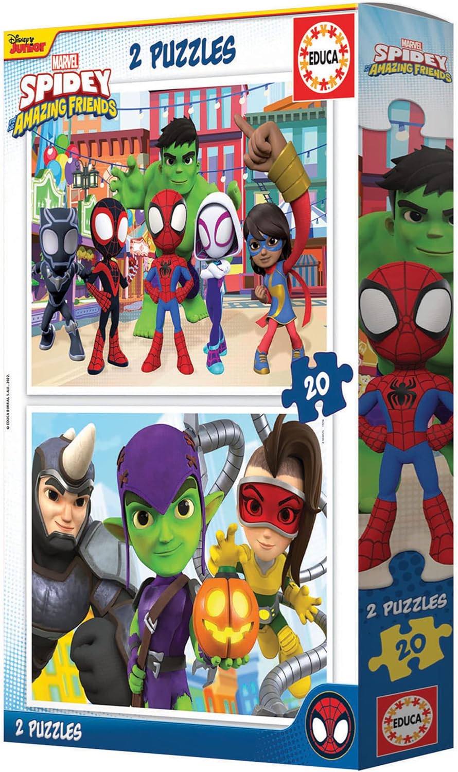 Educa - 2x20 Spidey & His Amazing Friends, 2 Cardboard Puzzles with 20 Pieces, Fun by Double Match, Approximate Measure of Each Puzzle: 28 x 20 cm, from 3 Years (19296)