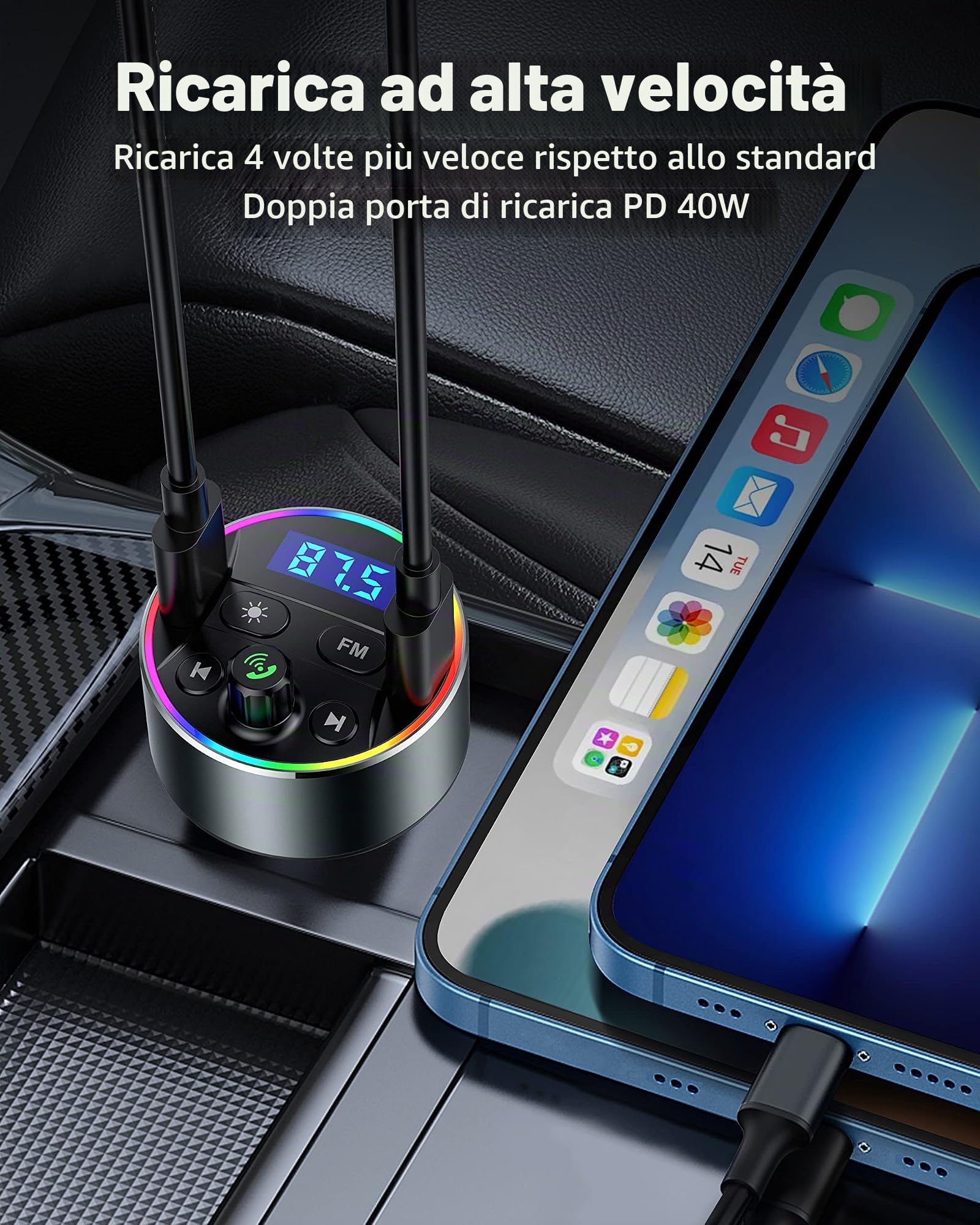 Trasmettitore Bluetooth per Auto con PD 20W Caricatore per Accendisigari e Adattatore Trasmettitore FM Bluetooth Auto Vivavoce