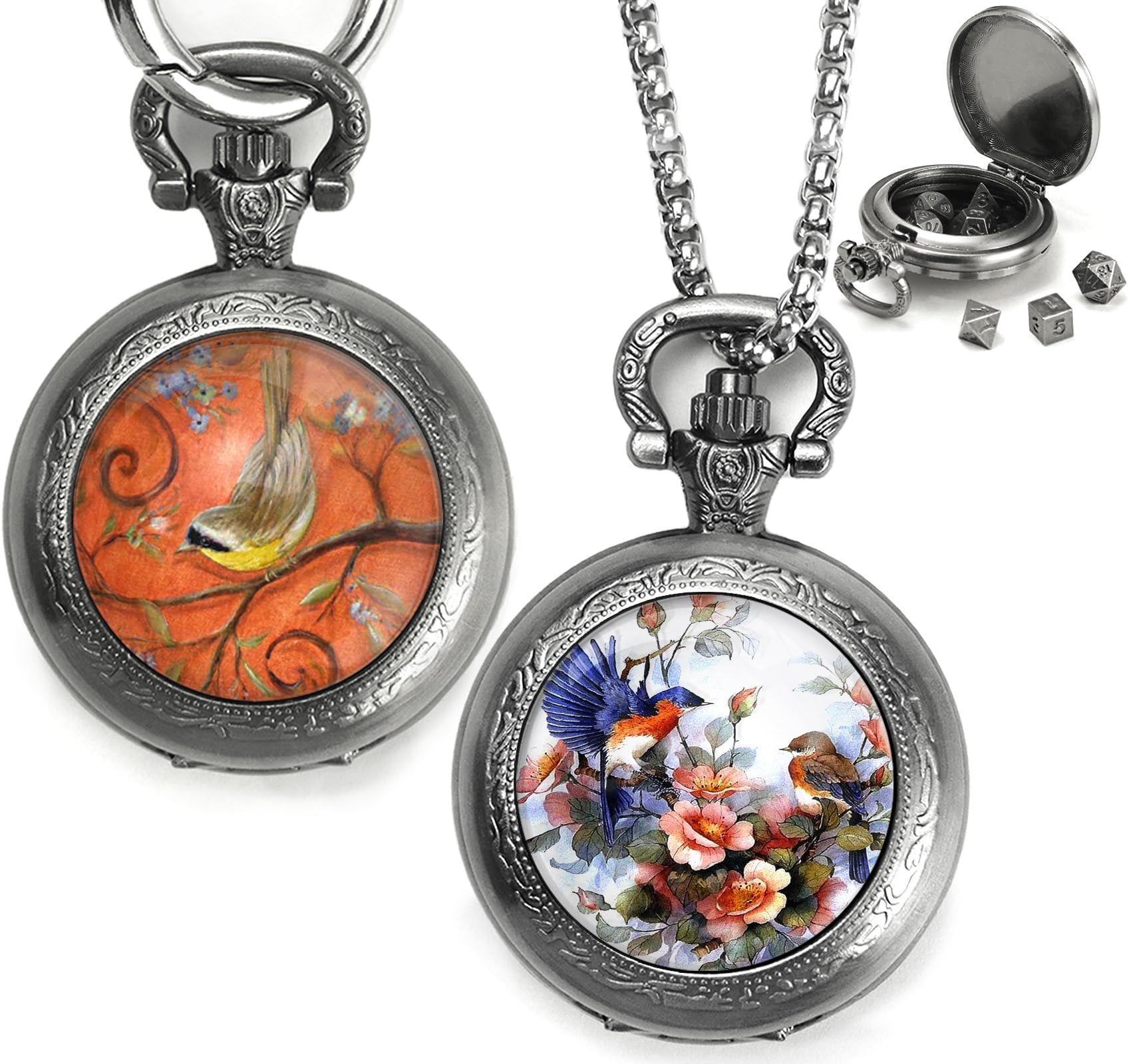 Mini DND Dice Set with Pocket Watch 2Pack, Small Metal Dice for Dungeons and Dragons/D&D Gifts, Tiny Dice Portable Necklace Keychain Dice Great RPG Accessories for Men Women Gamers(Flower & Bird-B)
