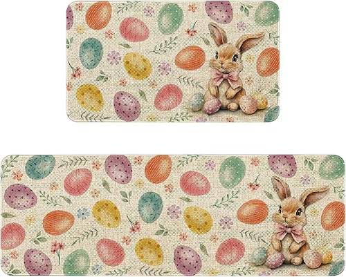 Easter Kitchen Rugs Set of 2, Easter Kitchen Decor Colorful Eggs Kitchen Mats for Floor,17x30 inch Doormat+17x47 inch Runner Rug