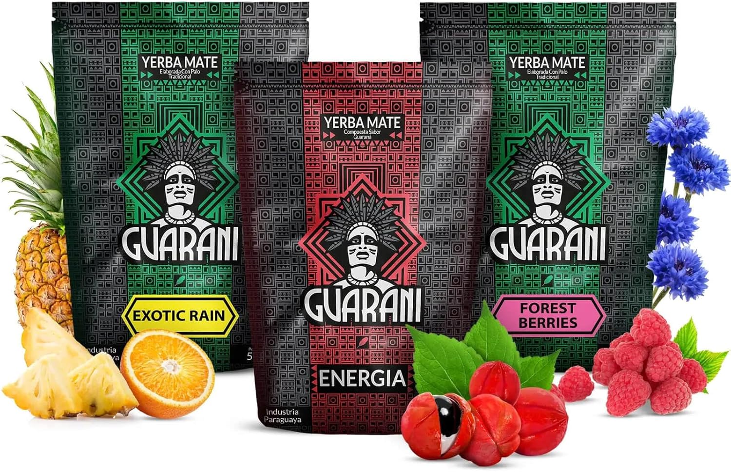 Guarani Yerba Mate Set 3x500g | Forrest Berries | Energia Guarana | Exotic Rain | Paraguayan Yerba Mate Herbal Tea 1,5kg | Coffee Alternative | Natural Caffeine | Natural Energy Drink | Loose Leaf Tea