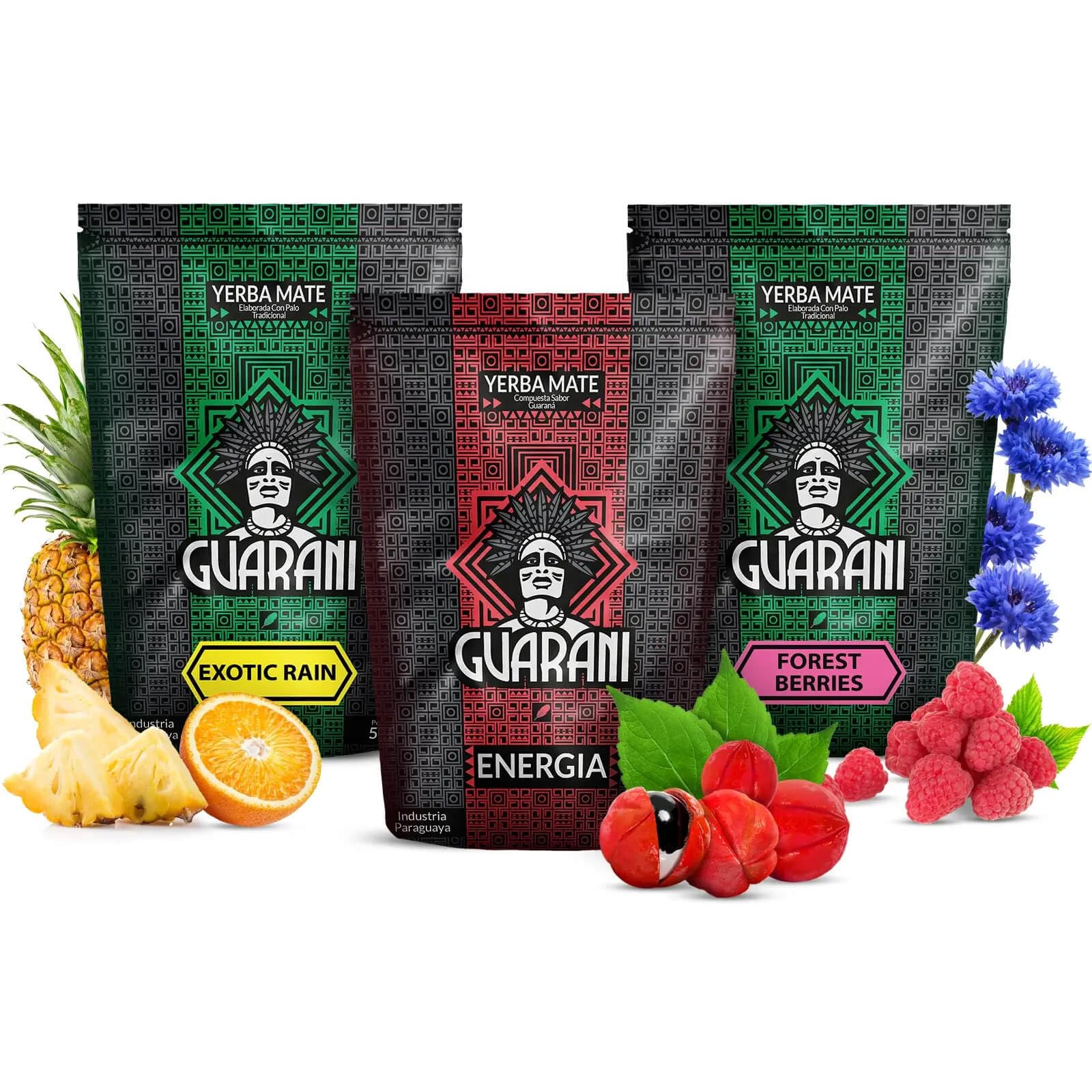 Guarani Yerba Mate Zestaw Trzypak 3x500g 1,5kg Guarana Owoce Leśne Owoce Egzotyczne Paragwajska Naturalna Kofeina