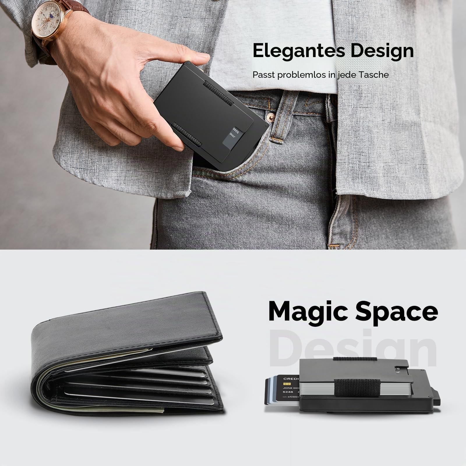 Metall Geldklammer Herren für 10-20 Karten & 20 Geldschein Pop-up Kartenetui Herren mit RFID Schutz Slim Wallet Metall CardHolder mit Smart Kartensteckplatz (Schwarz)