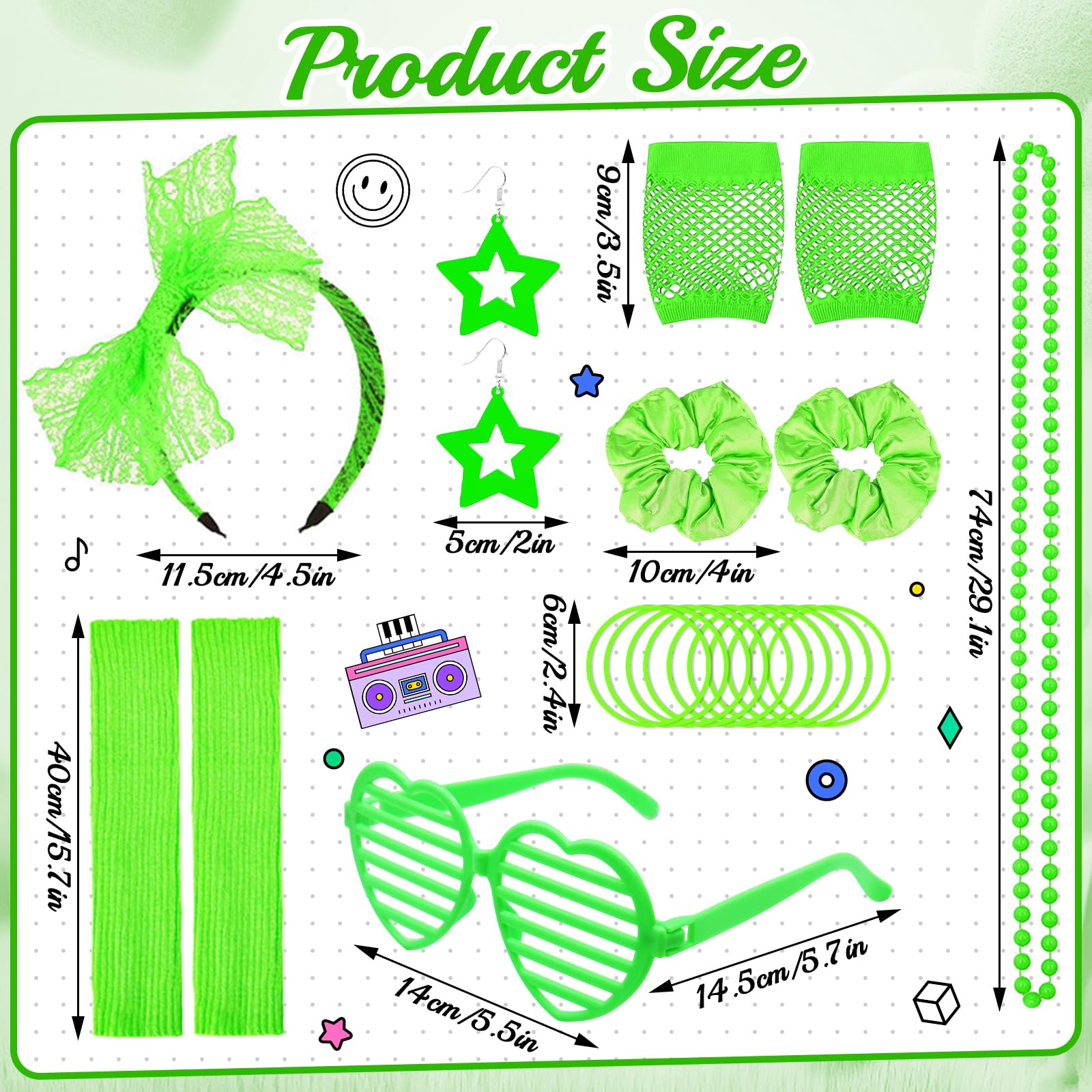 Saier tbo 20Pcs 80s Costume Accessories Set for Women, 1980s Fancy Dress Outfit Kit with Fishnet Top Tank Top Leg Warmers Fishnet Gloves for Girls 80s Theme Party Disco Party Cosplay Dress Up - Image 2