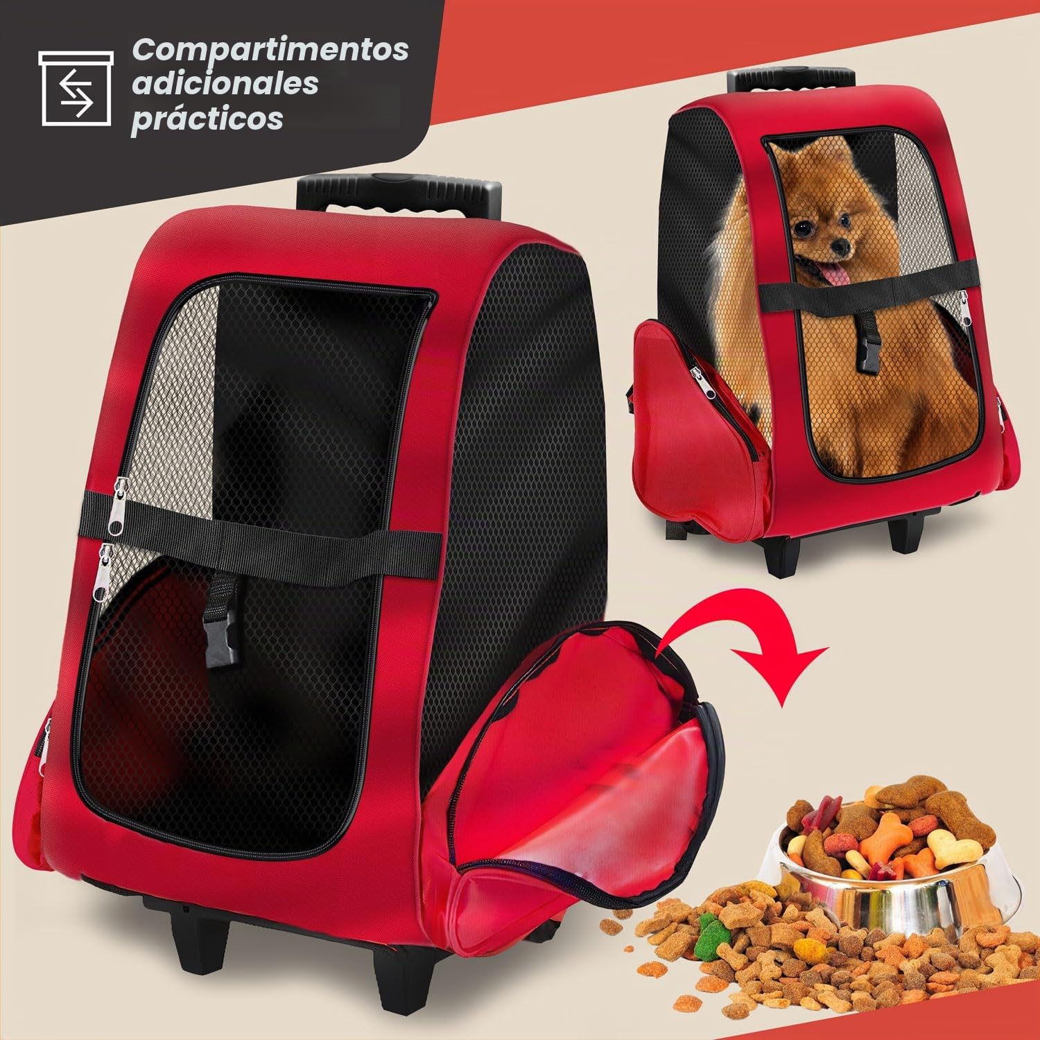 All Pets United Trolley para Perros pequeño transportador de Mascotas para Perros y Gatos Trolley Mochila para Mascotas con Brazo telescópico (Rojo)