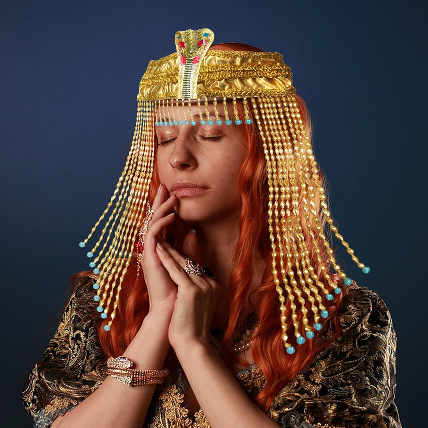 HPMAISON Women's Egyptian Headpiece Egyptian Costume for Women Accessories Beaded Headdress Cleopatra Hat Cleopatra's Headdress Cosplay Jewelry Carnival Party Crown Gold Color - Image 8