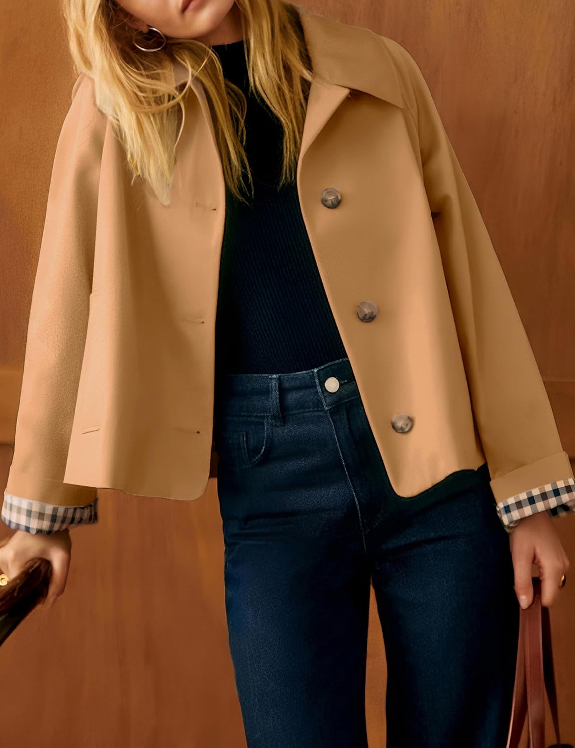 Dqbeng Womens Short Trench Jacket Plaid Lining Button Front Lightweight Classic Casual Outerwear with Pockets - Image 2