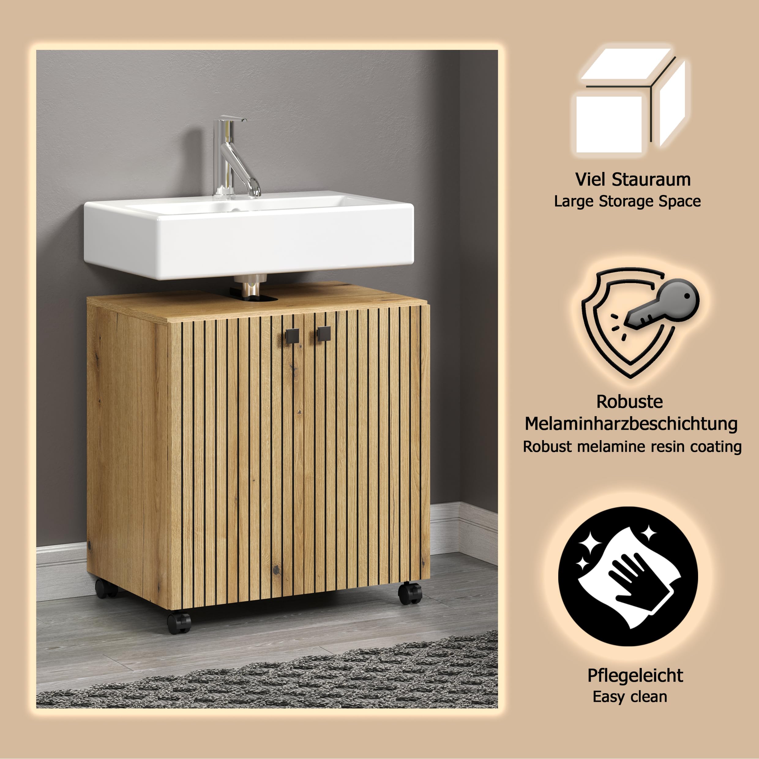 trendteam smart living - PureBliss - Waschbeckenunterschrank auf Rollen - Evoke Eiche - Rillenoptik - 1 Einlegeboden - (BxHxT) 60 x 64 x 42cm - edle Metallgriffe - kratzfest