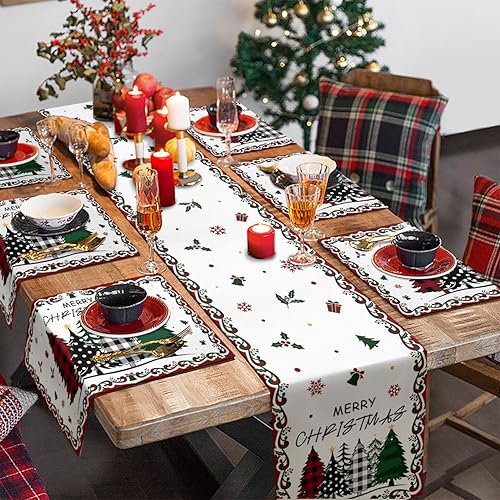 Miniatura 2 de Camino de mesa de Navidad blanco árbol de Navidad de lino de algodón, camino de mesa de invierno para fiesta, decoración de Navidad, para interiores