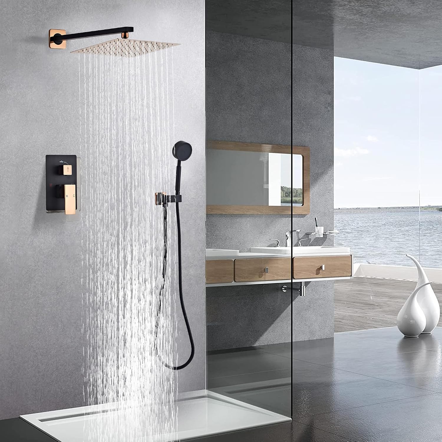Black Gold Rainfall Shower Head, Wall Mounted 10 Inch Shower Heads with Handheld Spray Combo, Luxury Bathroom Square Rain Shower System, Solid Brass Pressure Balancd Shower Faucet Valve