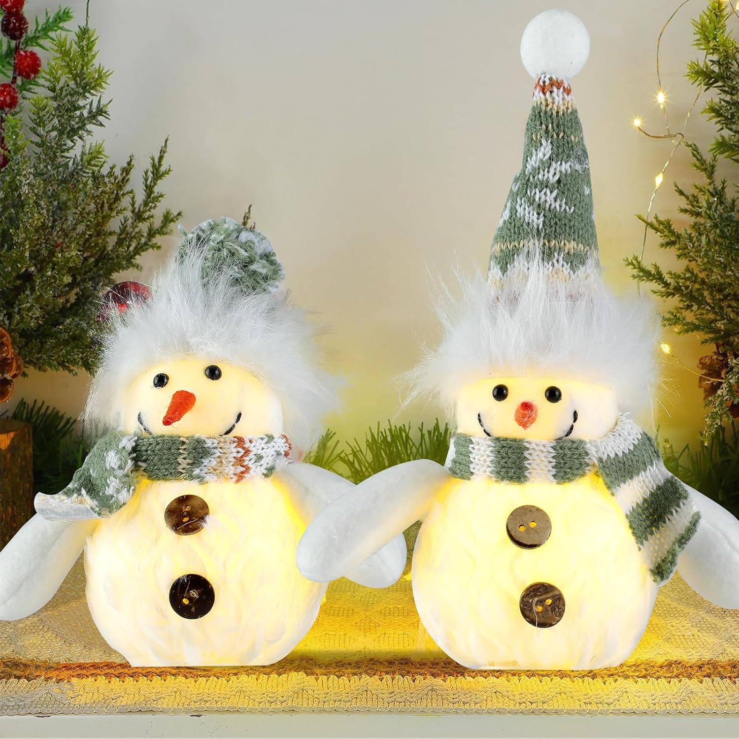 MSQ 2PCS Christmas Table Decorations, Light Up Christmas Plush Snowmen Doll, Lighted Snowman Figurines, Holiday Decor Indoor Home Tabletop Decorations