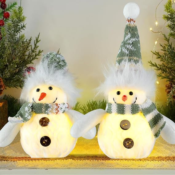 MSQ 2PCS Christmas Table Decorations, Light Up Christmas Plush Snowmen Doll, Lighted Snowman Figurines, Holiday Decor Indoor Home Tabletop Decorations