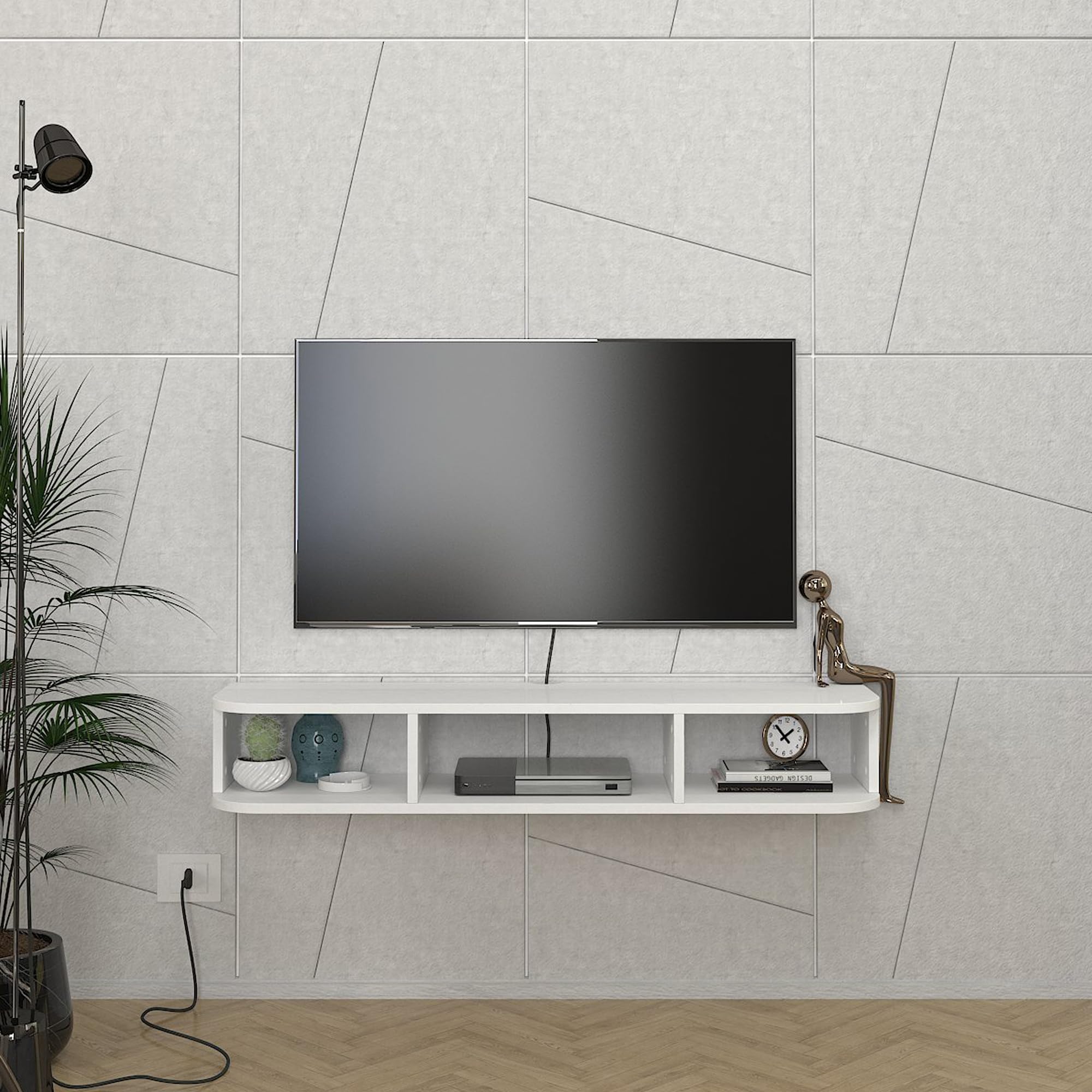 [en.casa] Mobile Porta TV Sospeso con 3 Vani Portaoggetti Scomparti Aperti Mensola da Parete Stand Multimediale con Passacavi 120 x 30 x 19 cm per Soggiorno - Bianco