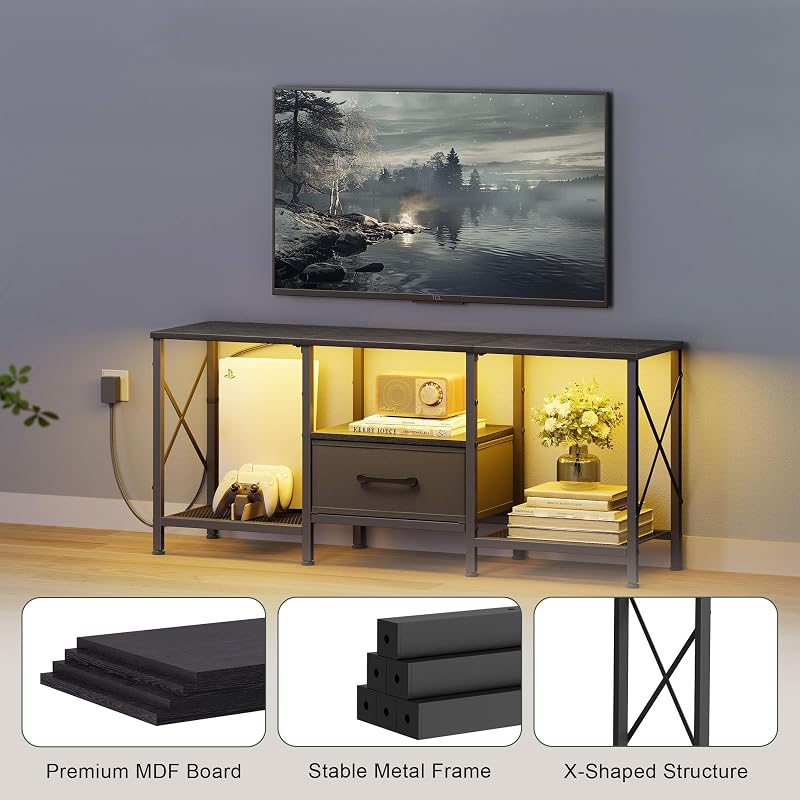 JARHETUN LED TV Stand with Fabric Drawer, Entertainment Center for 50 55 Inch TV, Industrial TV Console Table with Open Storage Shelves for Living Room, Bedroom, Black image 6