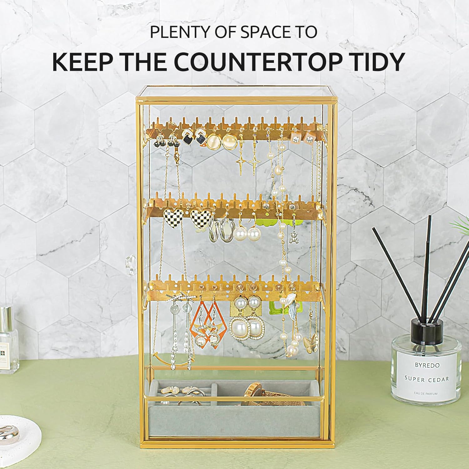 Glass Earring Holder Organizer, Jewelry Organizer Earrings Holder with Hanging Hook, Glass Earring Display Box for Necklace Ring Storage