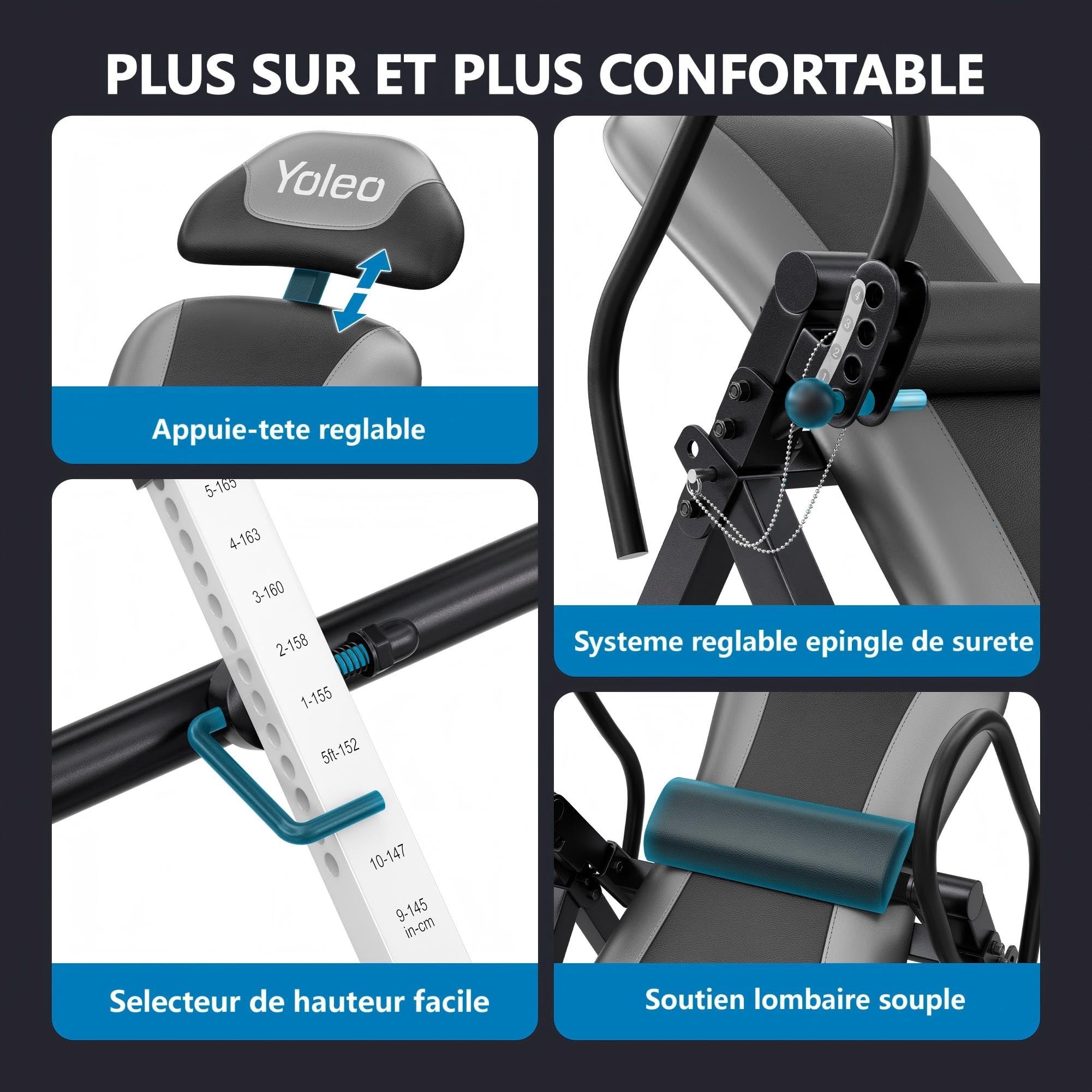 YOLEO Banc d'inversion Pliable, Entraîneur de gravité avec Ceinture de sécurité pour la thérapie pour soulager Les douleurs au Dos et au Cou, Max 350 lbs