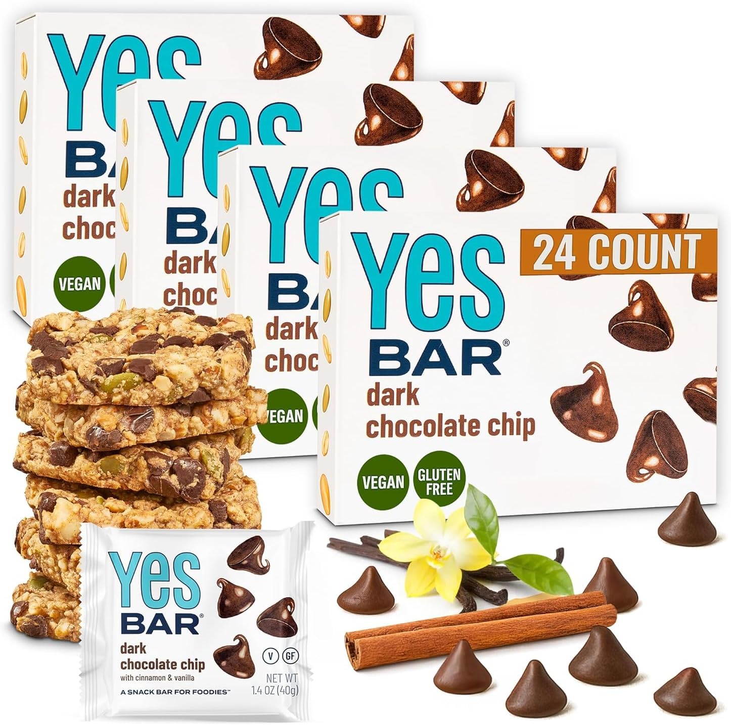 YES Nut Bars - Dark Chocolate Chip - Soft Chewy Healthy Snack Bars Made with Organic Maple Syrup – Vegan, Paleo, Gluten Free, No Refined Sugar, Dairy Free, Plant Based Protein, Low Sugar - 24 Count