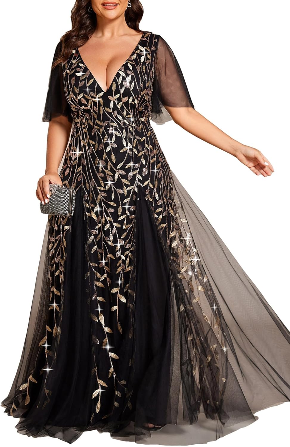 Ever-Pretty Women's Plus Size Sequin Embroidered Formal Evening Gown V-Neck Sheer Short Sleeve A-Line Mother of Biride Dress