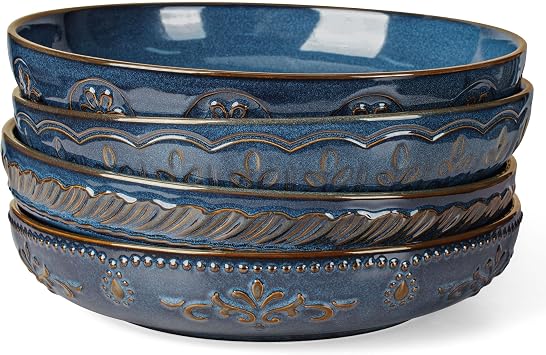 Pasta Bowls, 50oz Large Salad Serving Bowls, 9.75 Plates Bowls Set of 4, Big Ceramic Soup Bowls for Kitchen, Embossment Shallow Dinner Bowl, Microwave Dishwasher Safe, Multiple Patterns, Blue
