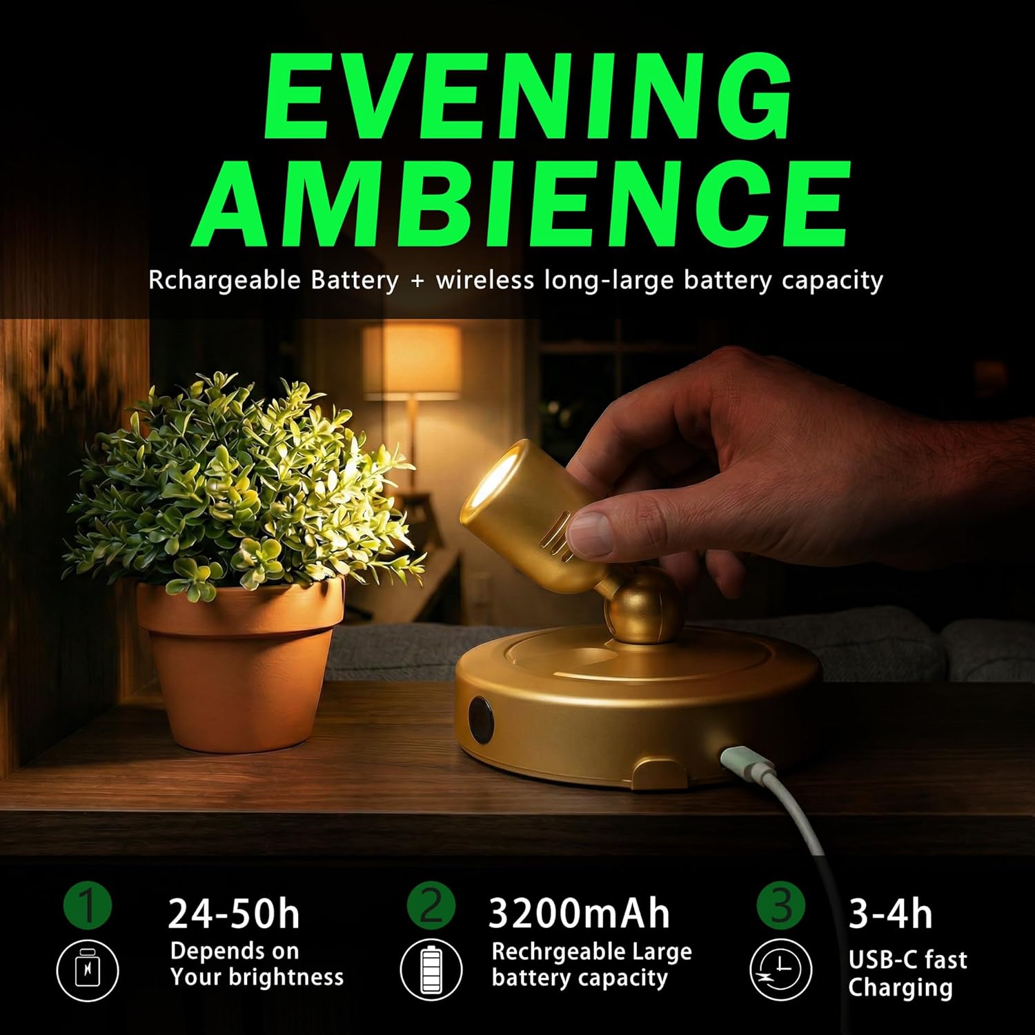 Rechargeable LED Spotlights Indoor Plant Grow Lights Picture Lights 180° Adjustable Wall Mounted Display Lamp for Plants/Artwork/Figures/Bookshelf Ambience Lighting-Gold