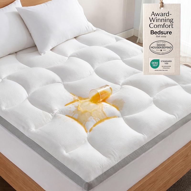 Bedsure Pillow Top Protector de colchón Queen impermeable con bolsillo de 8 a 21 pulgadas de profundidad, cubrecolchón extra grueso de 800 GSM para cama tamaño Queen, funda suave para el hogar, hotel, color blanco