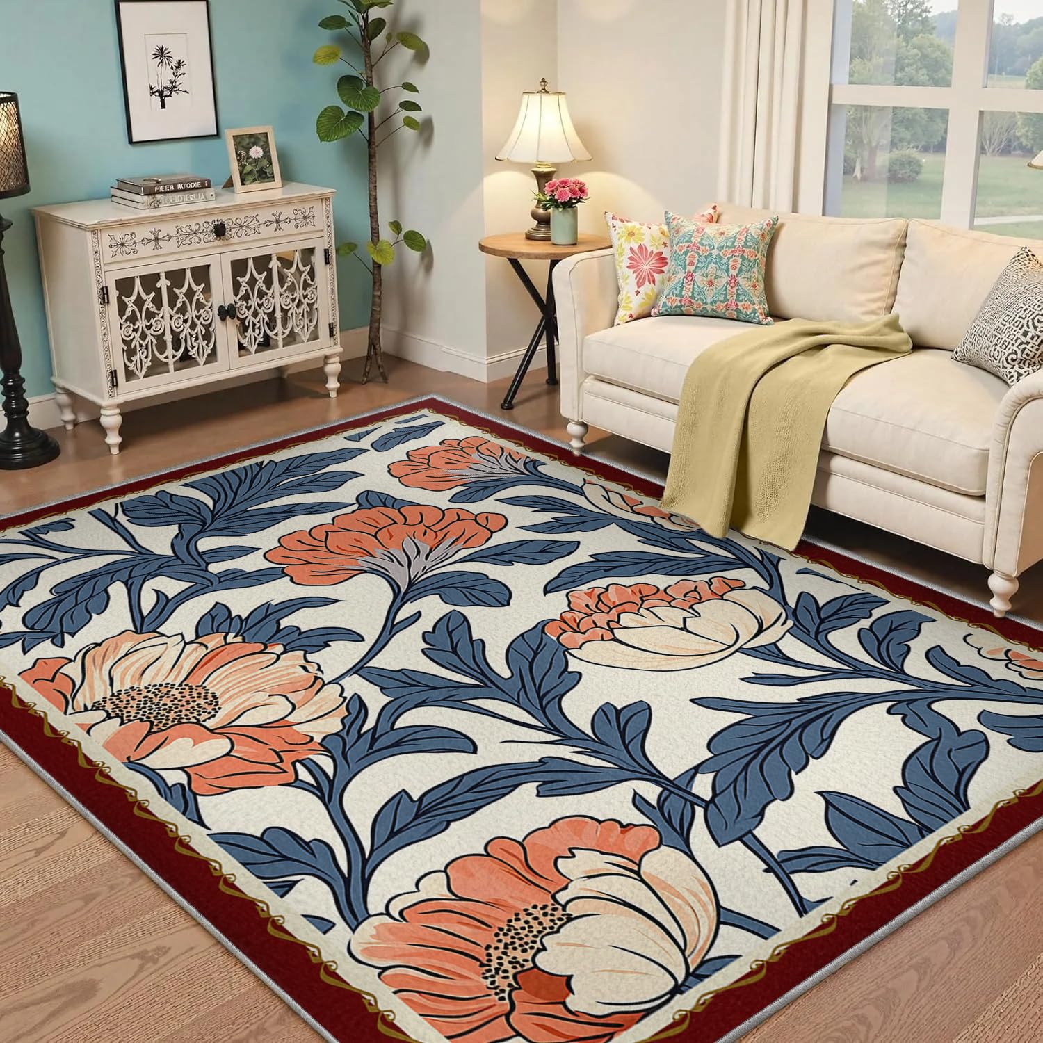 Tapis d'espace pour salon lavable floral bleu marine 120x170