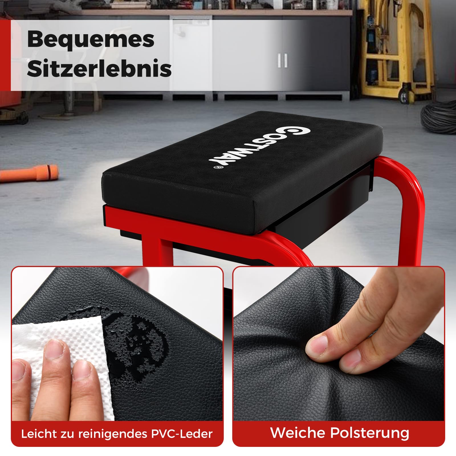 COSTWAY Werkstatthocker mit Rollen, Rollhocker bis 185 kg belastbar, Werkstatt Rollsitz mit Schublade & Ablage, Werkstattstuhl Montagehocker für Werkstatt & Garage (Schwarz)