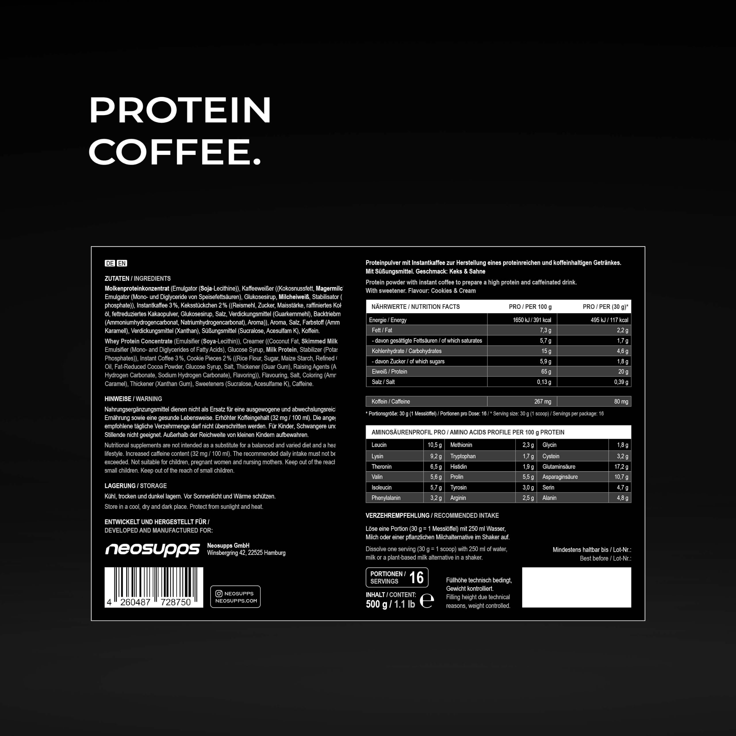 NEOSUPPS Protein Coffee Cookies & Cream 500g, Eiweißkaffee mit 20g Molkenprotein & 80mg Koffein pro Portion, Low Sugar Protein Drink mit echtem Kaffee & Cookie-Stückchen