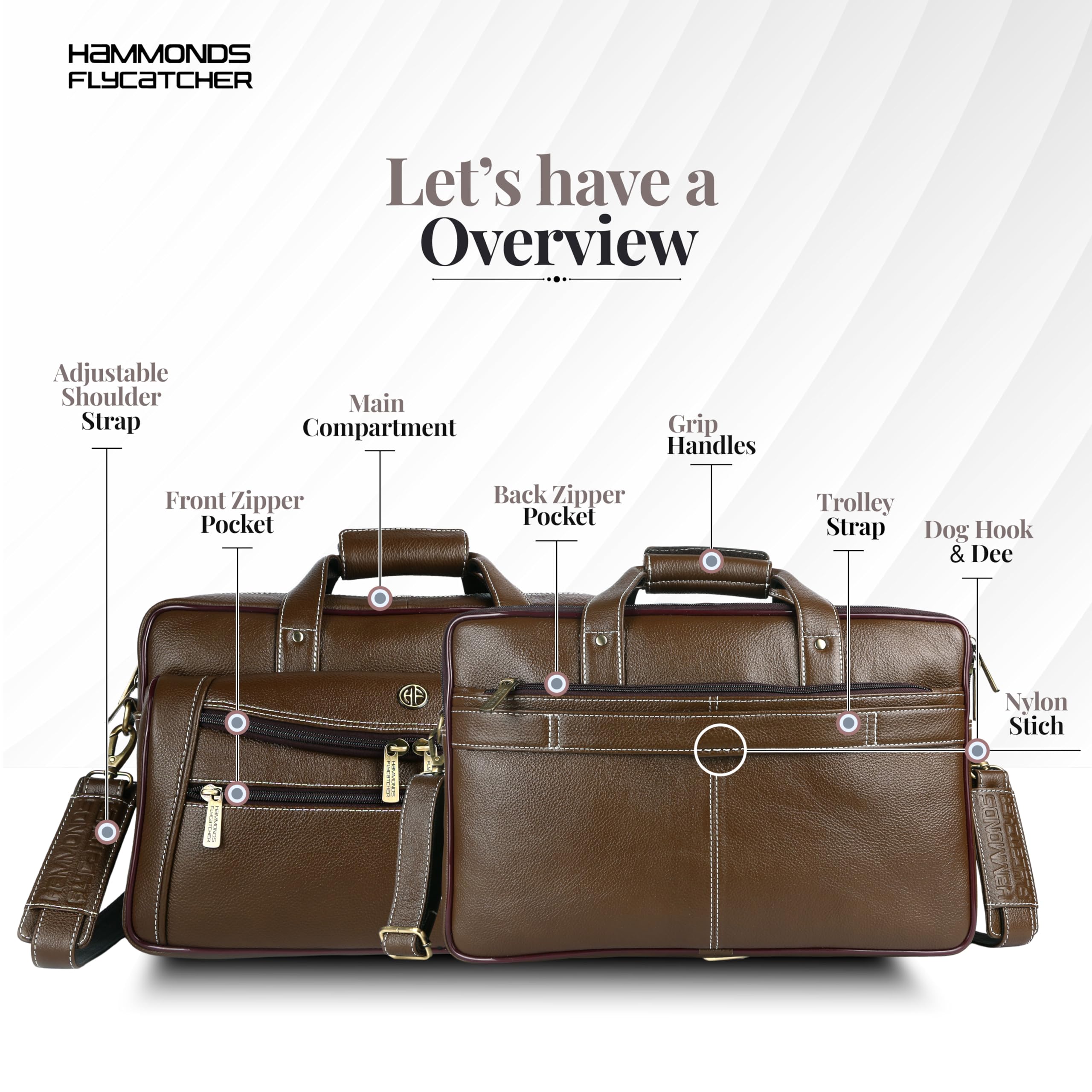 HAMMONDS FLYCATCHER Men Genuine Leather Office Bag - 15.6" Laptop Bag , Travel, Daily Use - Padded Laptop Compartment, Trolley Strap, Adjustable Strap, 1 Year Warranty, Brushwood, Brown 1