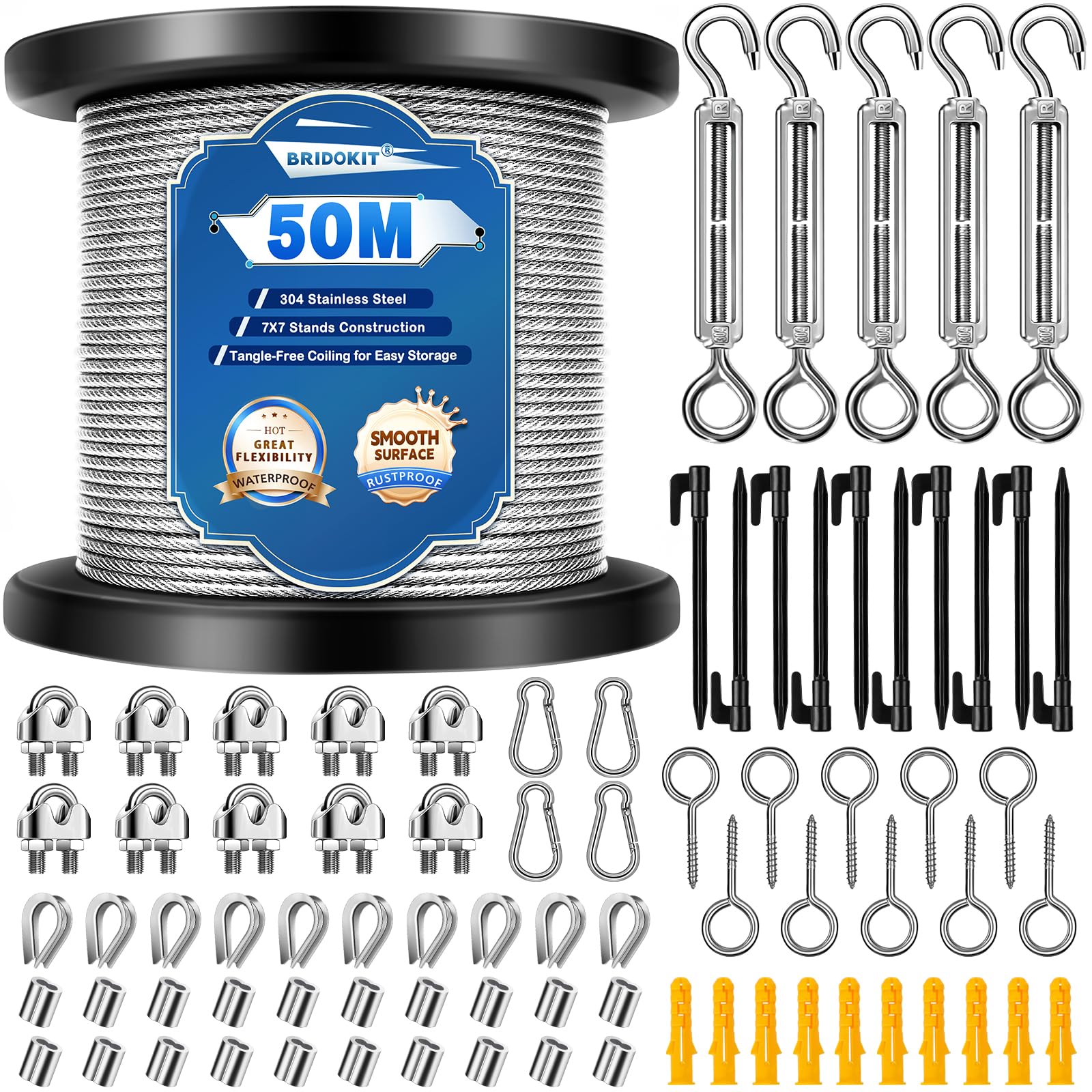50M 2MM Drahtseil Edelstahl, 80Pcs 304 Stahlseil Kit, Stahlseil mit Ösen, M5 Spannschlösser, Stahlseil Ummantelt & Zeltheringe für Kletterpflanzen, Wäscheleine, String Lichter, Zeltseil