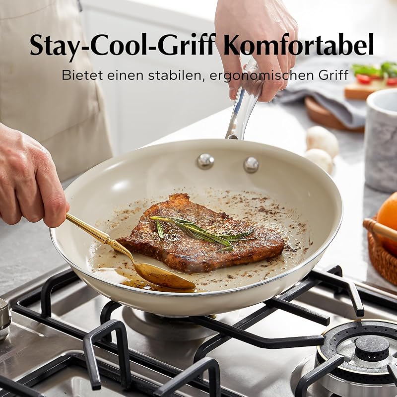 Set de tigăi antiaderente cu înveliș ceramic Redchef 20, 24, 28 cm, pentru inducție și toate tipurile de plite, fără PTFE, PFAS, PFOA, bej