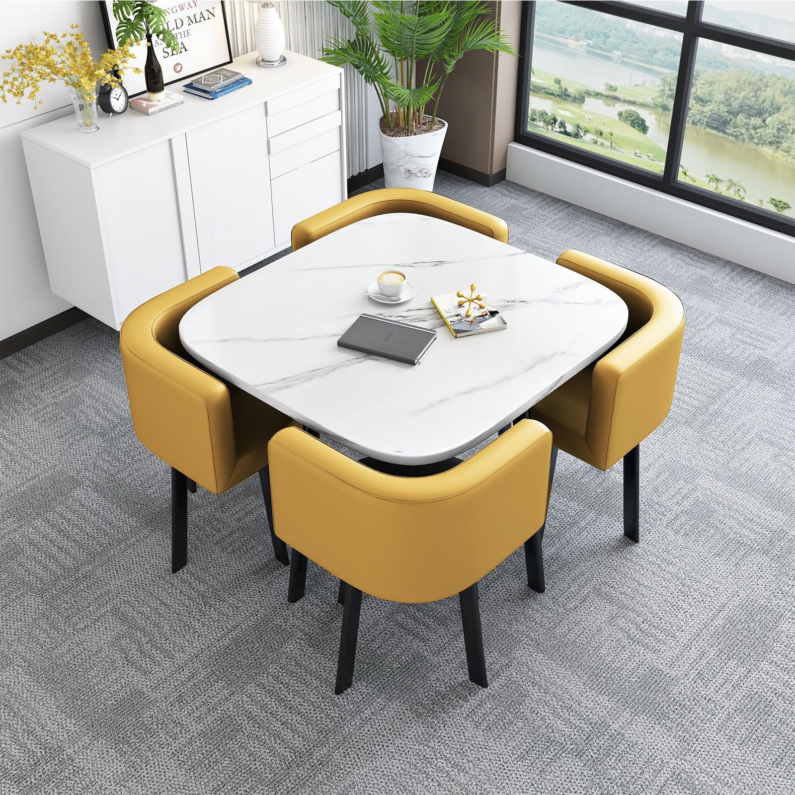Set da tavolo quadrato compatto per 4 persone, ideale per cucina, sala da pranzo, reception, sala riunioni o incontri di lavoro, con 4 sedie, colore giallo.
