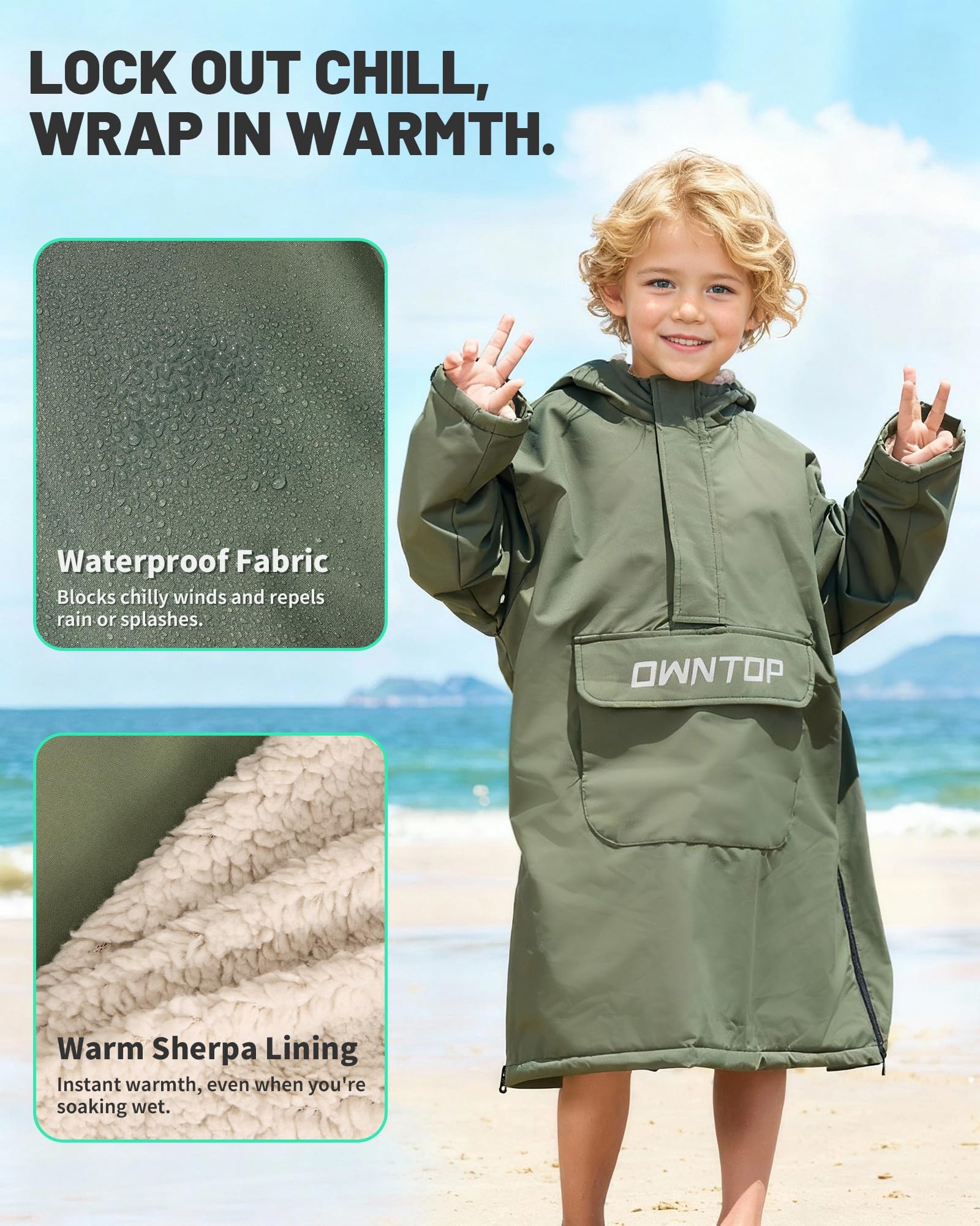 Owntop Cappotto Avvolgente Impermeabile per Adulti e Bambini - Cappotto semizipper Oversize Antivento con Fodera in Peluche Sherpa, Poncho Surf Ideale per cambiarsi e asciugarsi Dopo Spiaggia