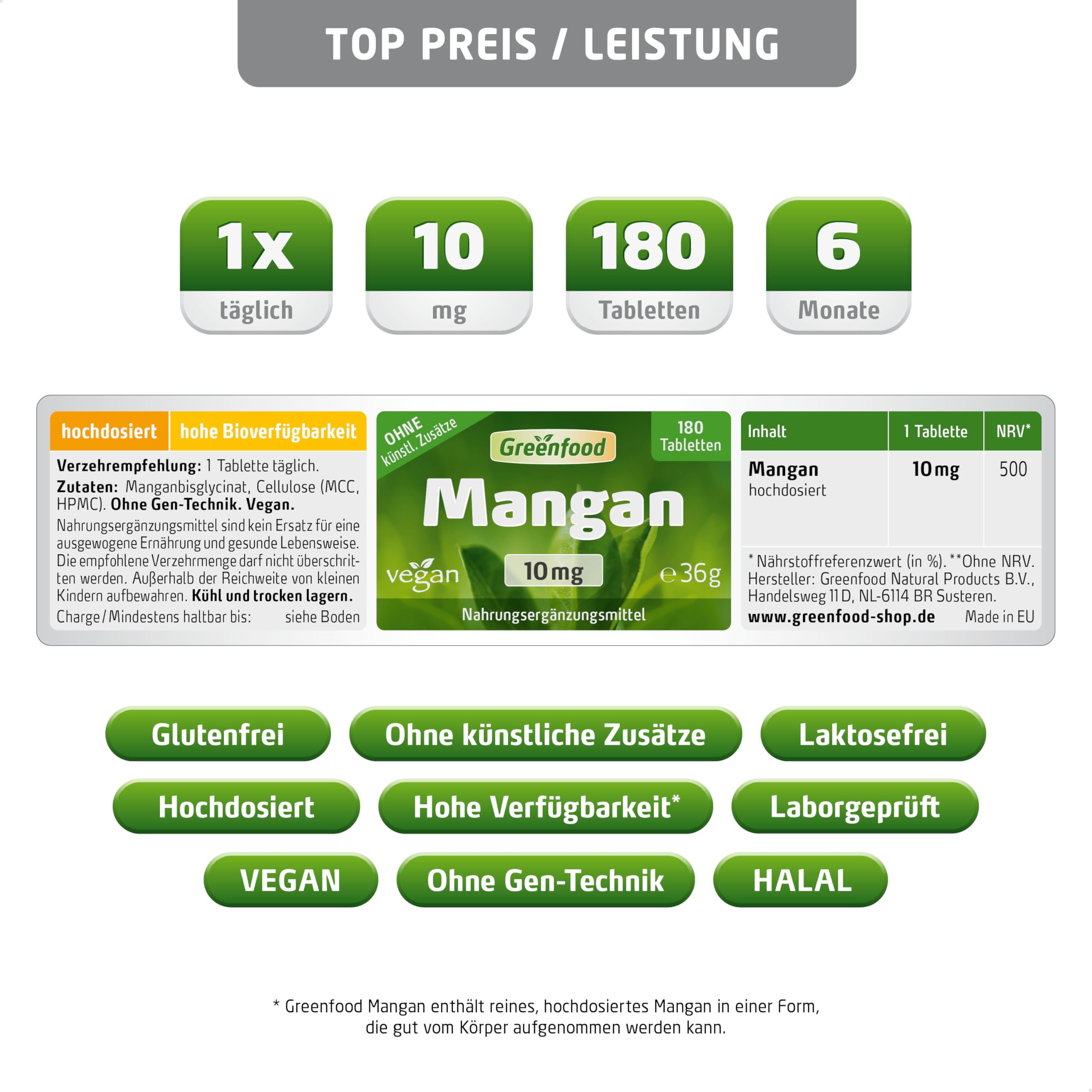 Mangan Tabletten, hochdosiert, 10mg - 180 Stück, vegan. Mangan Bisglycinat - wichtig für den Aufbau von Bindegewebe, Knorpel & Knochen. OHNE künstliche Zusätze - laborgeprüft. Von Greenfood.