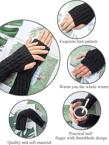 Miniatura 3 de 4 pares de guantes de punto calentadores de brazos de invierno largos sin dedos guantes con agujero para el pulgar guantes para mujeres y hombres