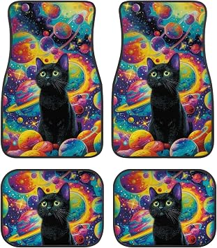 Floor Mats for Cars SUVs Trucks Full Set Front and Rear Car Mats Universal Fit Car Carpet Protector,Set of 4 Black Cat Space Stars Print