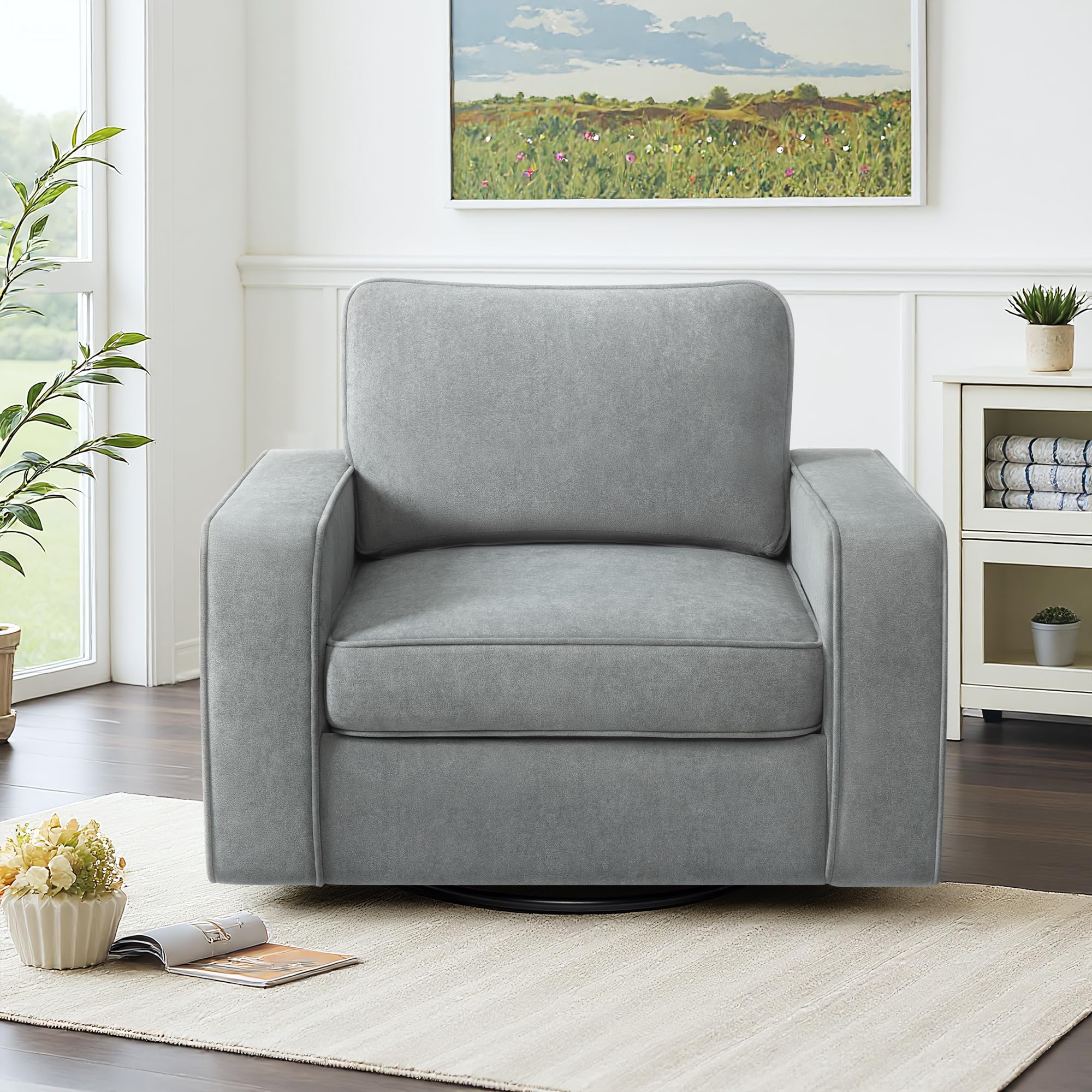 36.2" Wide Swivel Accent Chair - 360° Rotation Upholstered Modern Design Comfortable Cushioned Seating, Pillowback Glider Rocking Chair for Living Room, Bedroom, Nursery and Reading Nook, Gray