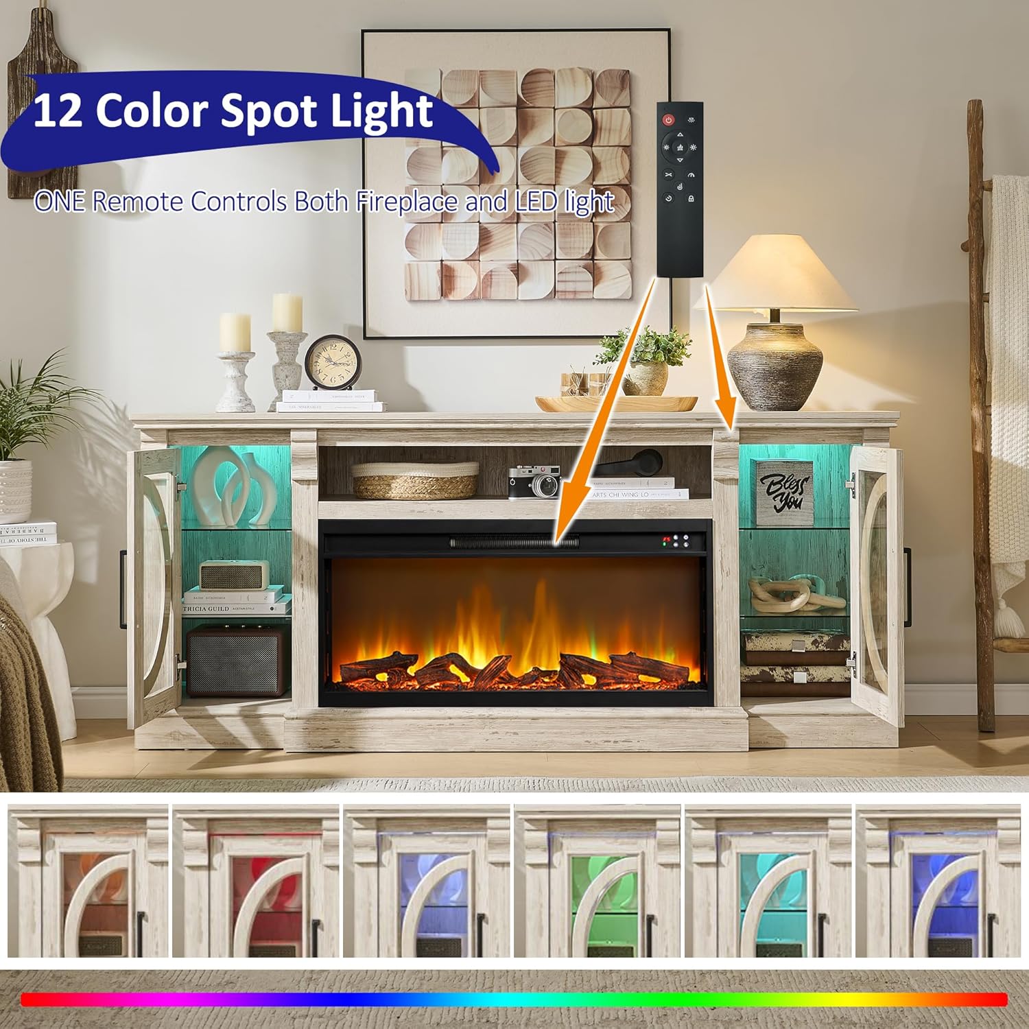 Crescent TV Stand with Fireplace for up to 80 Inch TV, LED Entertainment Center with 36 Inch Electric Fireplace, Farmhouse TV Console Table w/Glass Door for Living Room, Antique Brush White