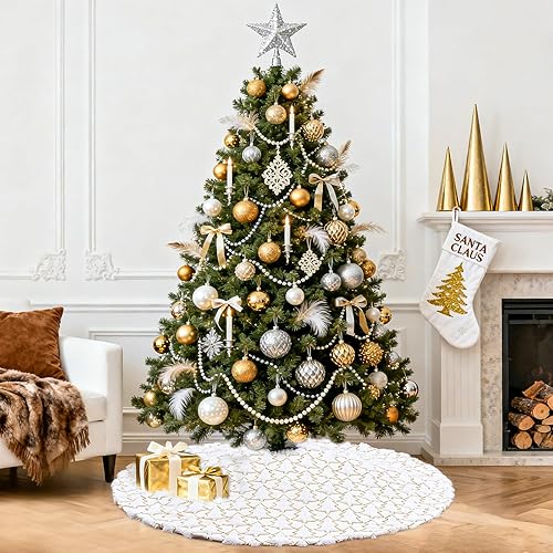 Miniatura 27 de Falda de árbol de Navidad de 48 pulgadas, falda de árbol de piel sintética de lujo con copos de nieve dorados y lentejuelas, alfombrillas grandes
