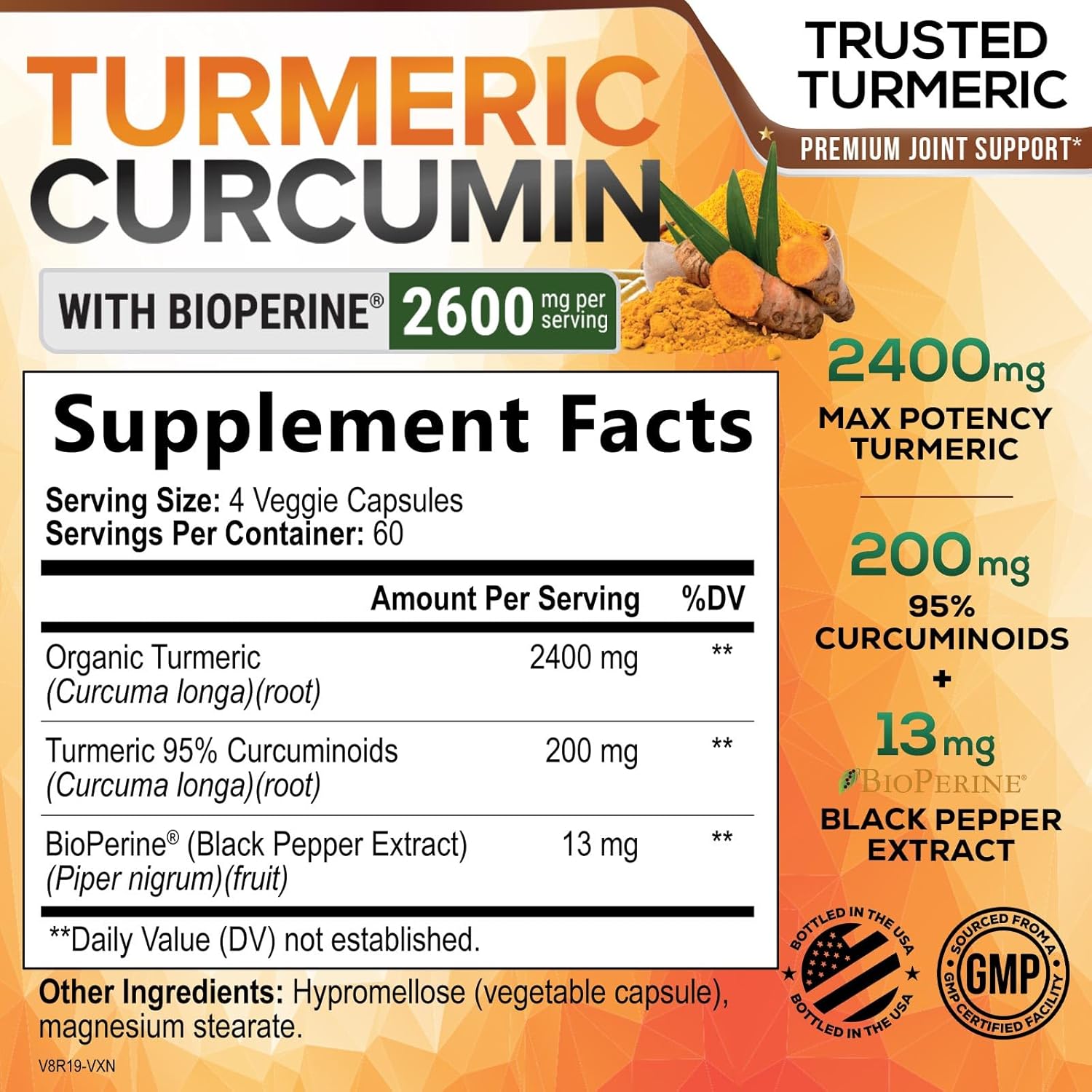 Turmeric Curcumin Supplement 2600mg - 95% Curcuminoids with Organic Turmeric & BioPerine Black Pepper Extract for Best Absorption, Natural Vegan Joint Support, Non-GMO, Bottled in USA - 240 Capsules - Image 2
