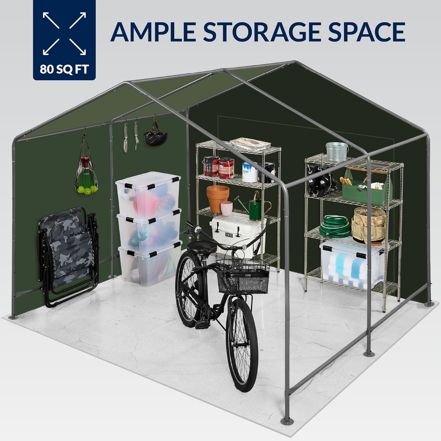 Image illustrating the ample storage space inside the 10x8ft shed, with a bicycle, storage bins, and shelves.